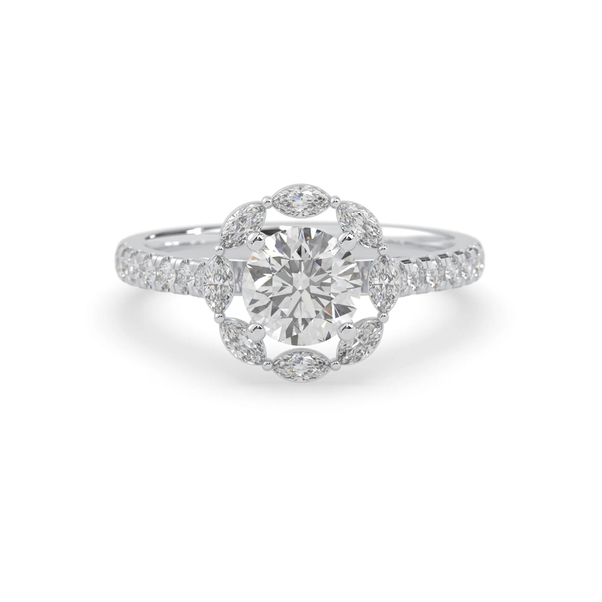 Round lab grown diamond floral halo engagement ring with 6.50 mm center diamond and marquise and round cut side diamonds in white gold