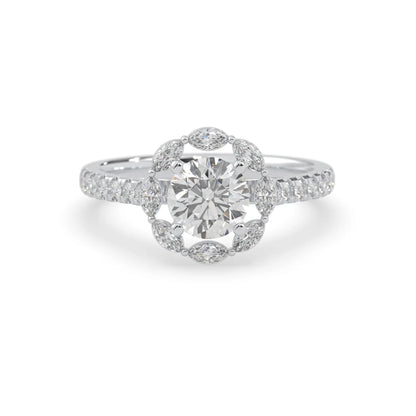 Round lab grown diamond floral halo engagement ring with 6.50 mm center diamond and marquise and round cut side diamonds in white gold