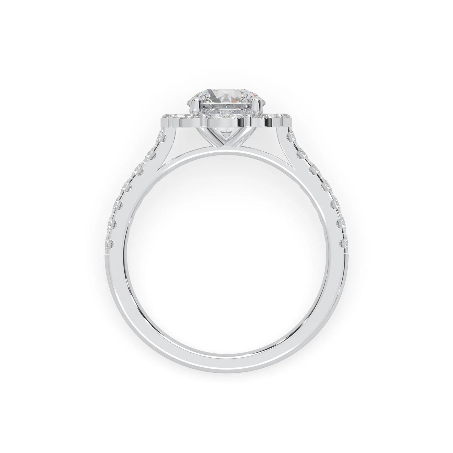 Round lab grown diamond floral halo engagement ring with 6.50 mm center diamond and marquise and round cut side diamonds in white gold