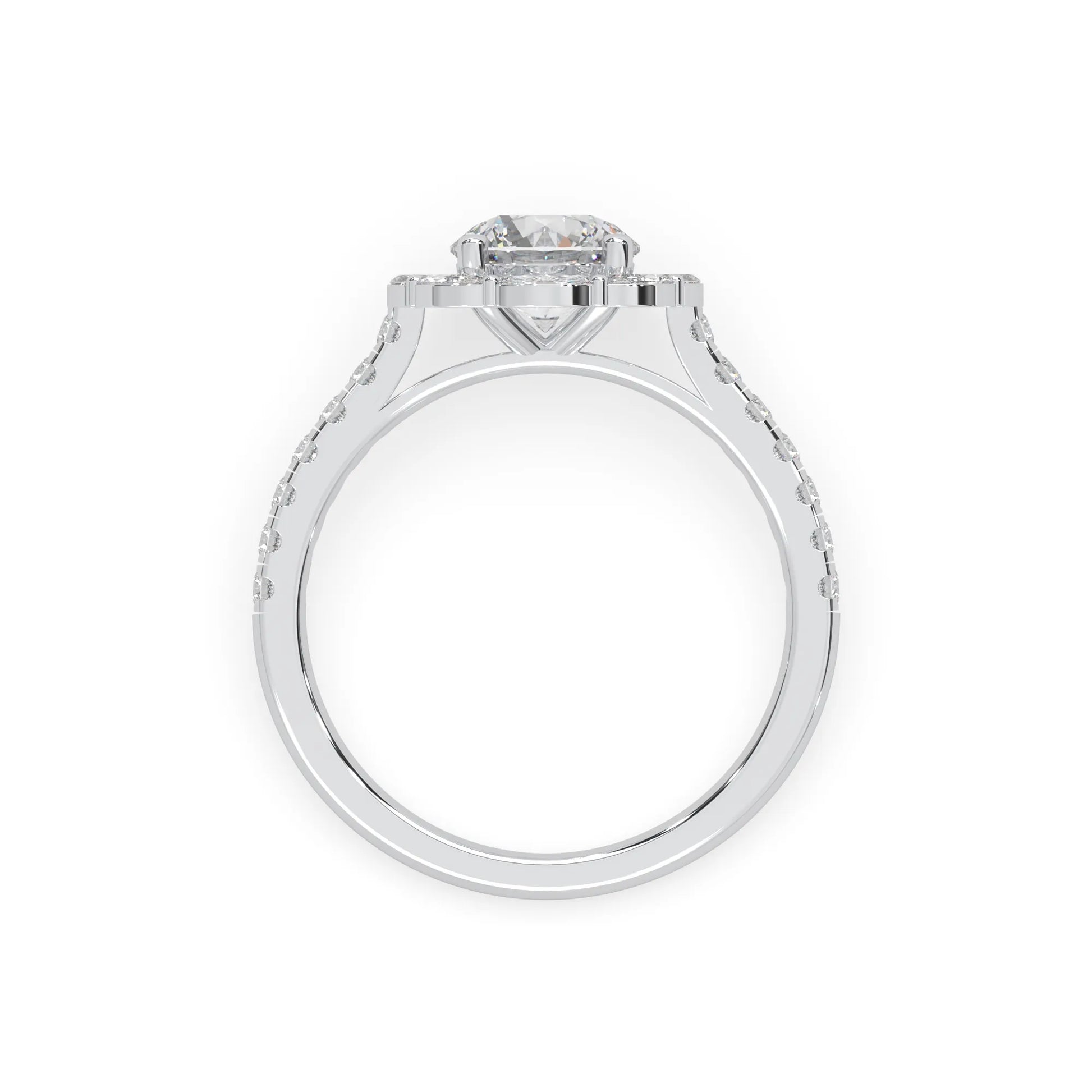 Round lab grown diamond floral halo engagement ring with 6.50 mm center diamond and marquise and round cut side diamonds in white gold