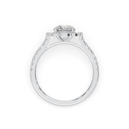 Round lab grown diamond floral halo engagement ring with 6.50 mm center diamond and marquise and round cut side diamonds in white gold