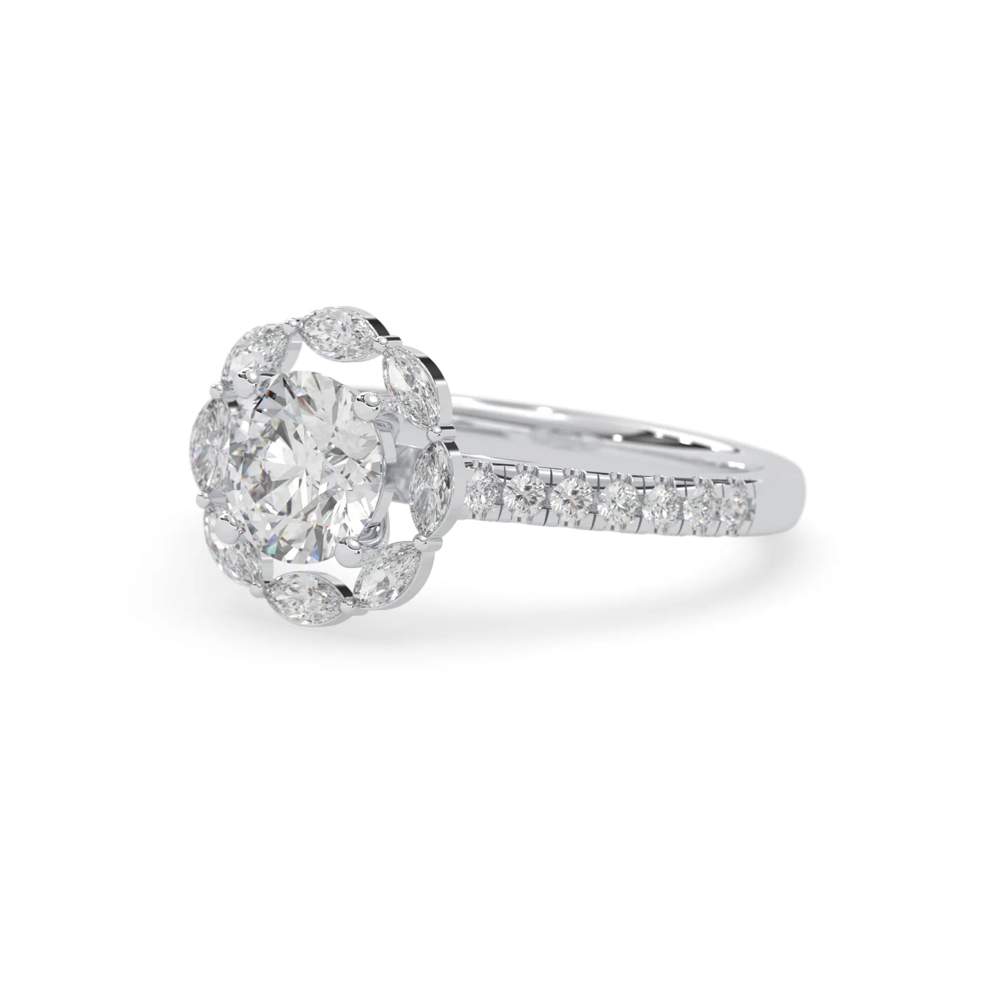 Round lab grown diamond floral halo engagement ring with 6.50 mm center diamond and marquise and round cut side diamonds in white gold