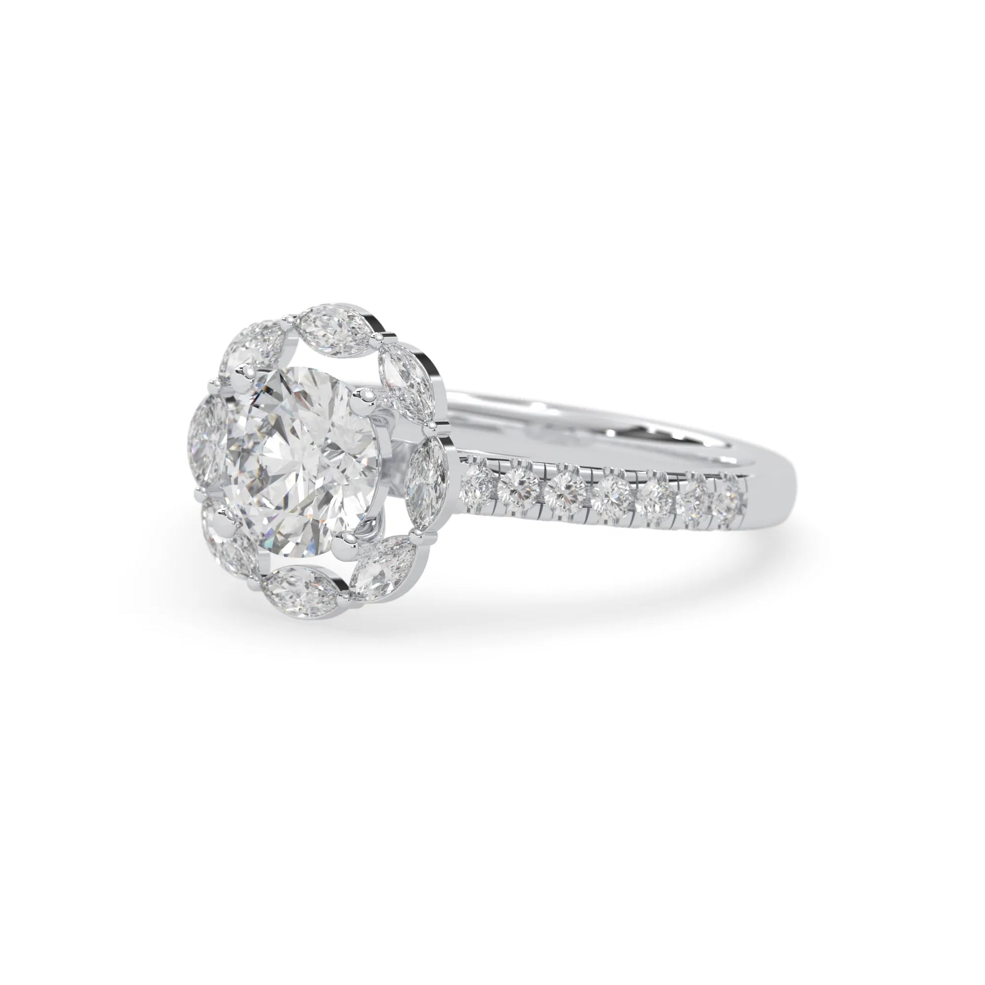 Round lab grown diamond floral halo engagement ring with 6.50 mm center diamond and marquise and round cut side diamonds in white gold