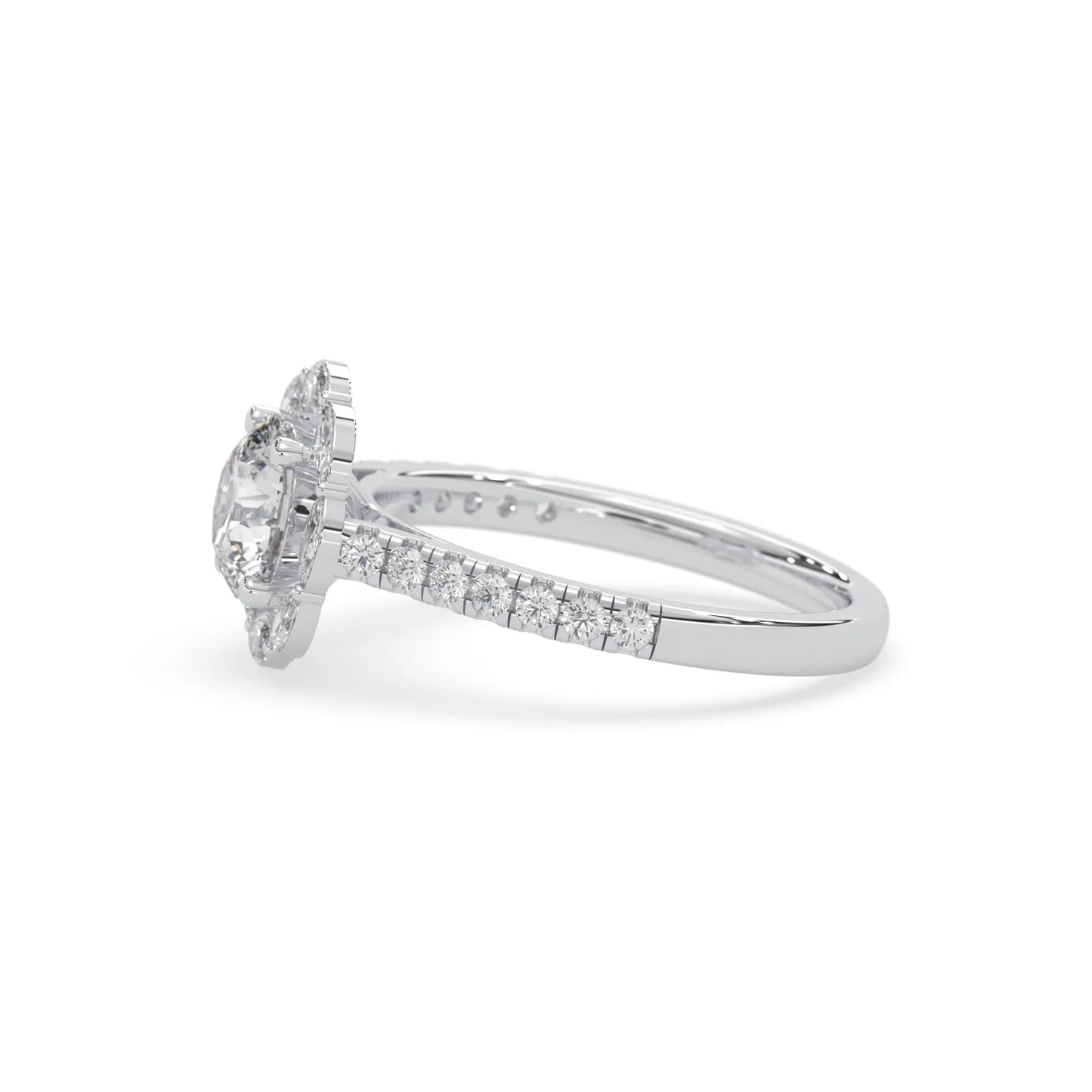 Round lab grown diamond floral halo engagement ring with 6.50 mm center diamond and marquise and round cut side diamonds in white gold