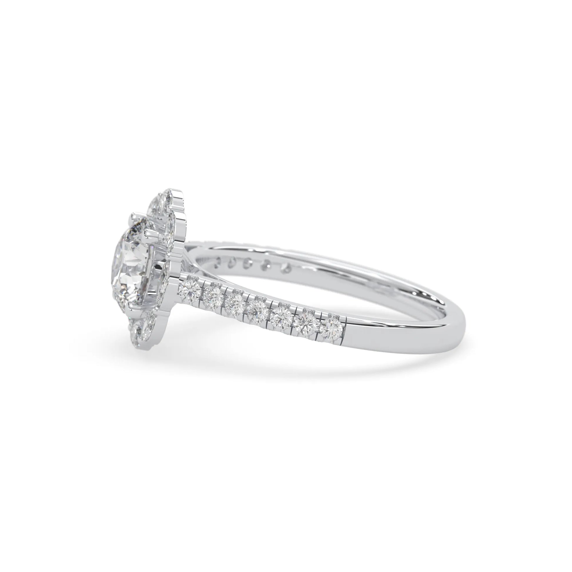 Round lab grown diamond floral halo engagement ring with 6.50 mm center diamond and marquise and round cut side diamonds in white gold