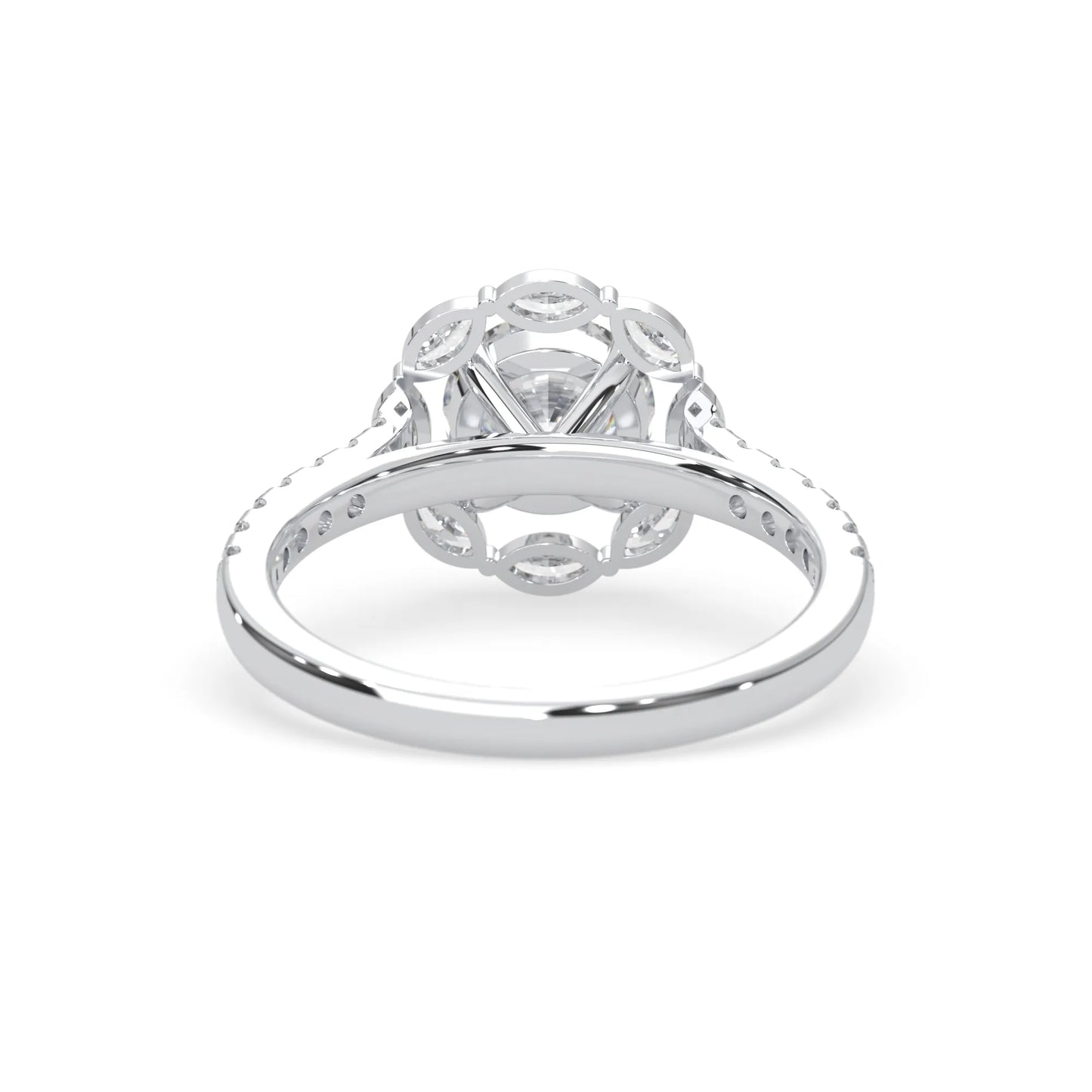 Round lab grown diamond floral halo engagement ring with 6.50 mm center diamond and marquise and round cut side diamonds in white gold