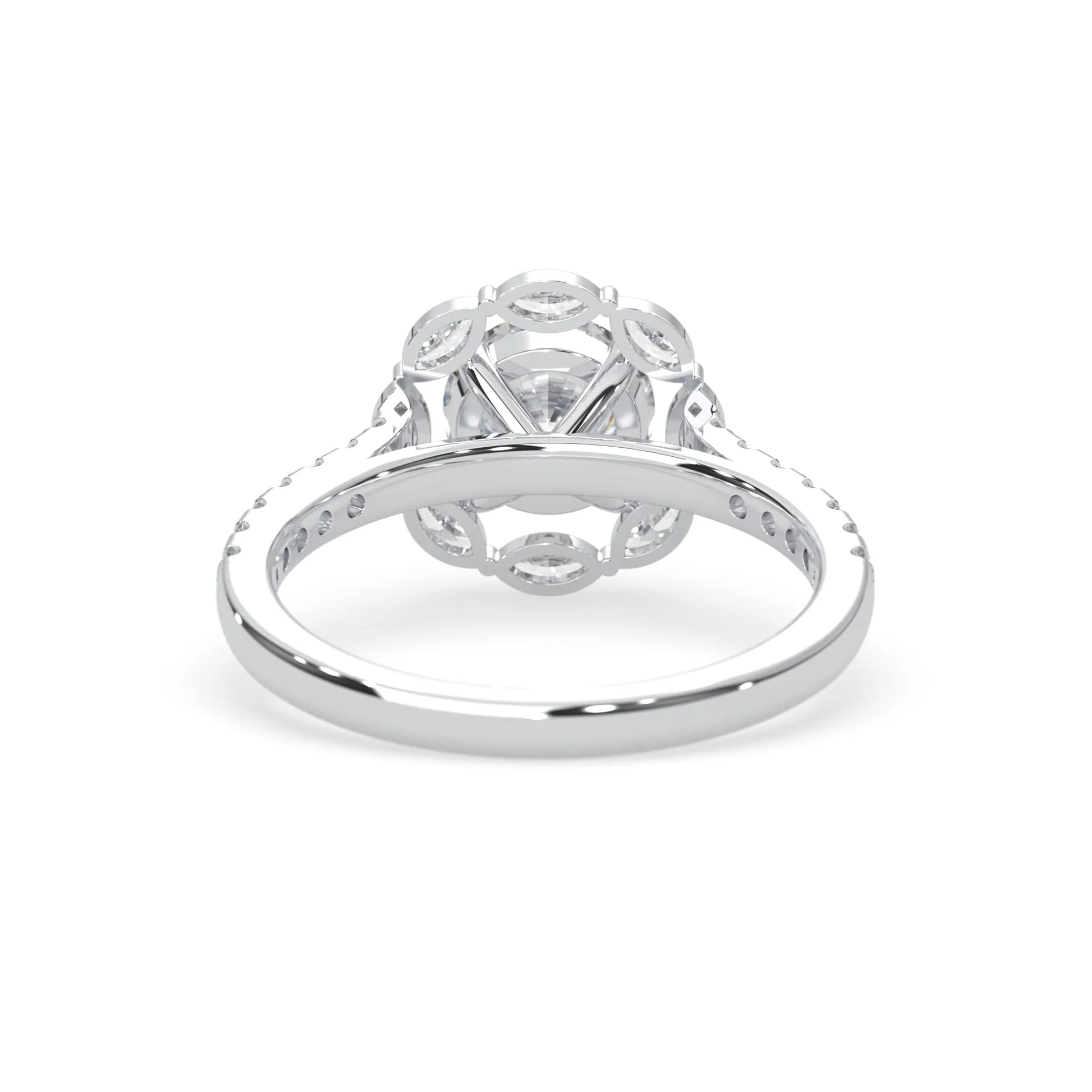 Round lab grown diamond floral halo engagement ring with 6.50 mm center diamond and marquise and round cut side diamonds in white gold