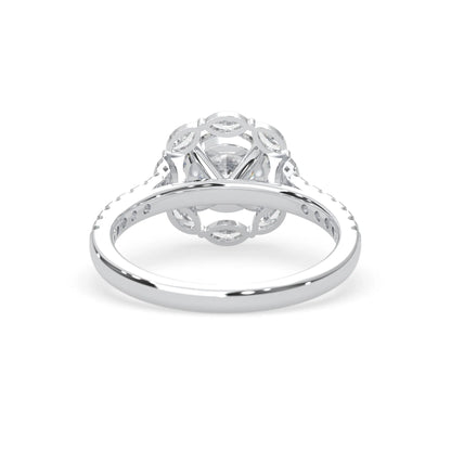Round lab grown diamond floral halo engagement ring with 6.50 mm center diamond and marquise and round cut side diamonds in white gold