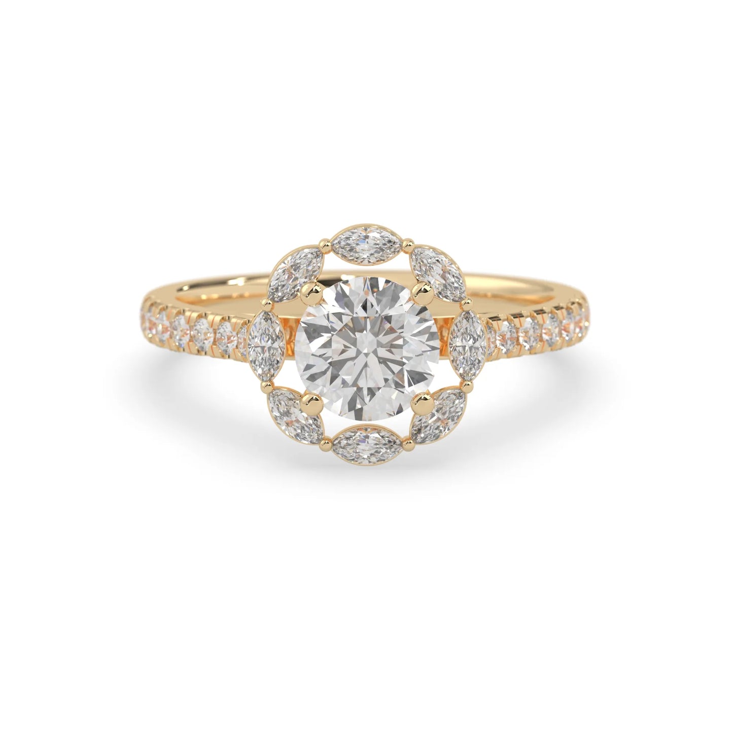 Round lab grown diamond floral halo engagement ring with 6.50 mm center diamond and marquise and round cut side diamonds in yellow gold