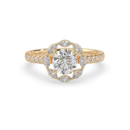 Round lab grown diamond floral halo engagement ring with 6.50 mm center diamond and marquise and round cut side diamonds in yellow gold