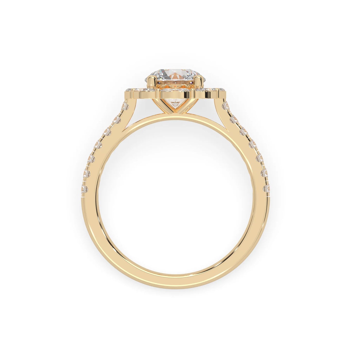 Round lab grown diamond floral halo engagement ring with 6.50 mm center diamond and marquise and round cut side diamonds in yellow gold