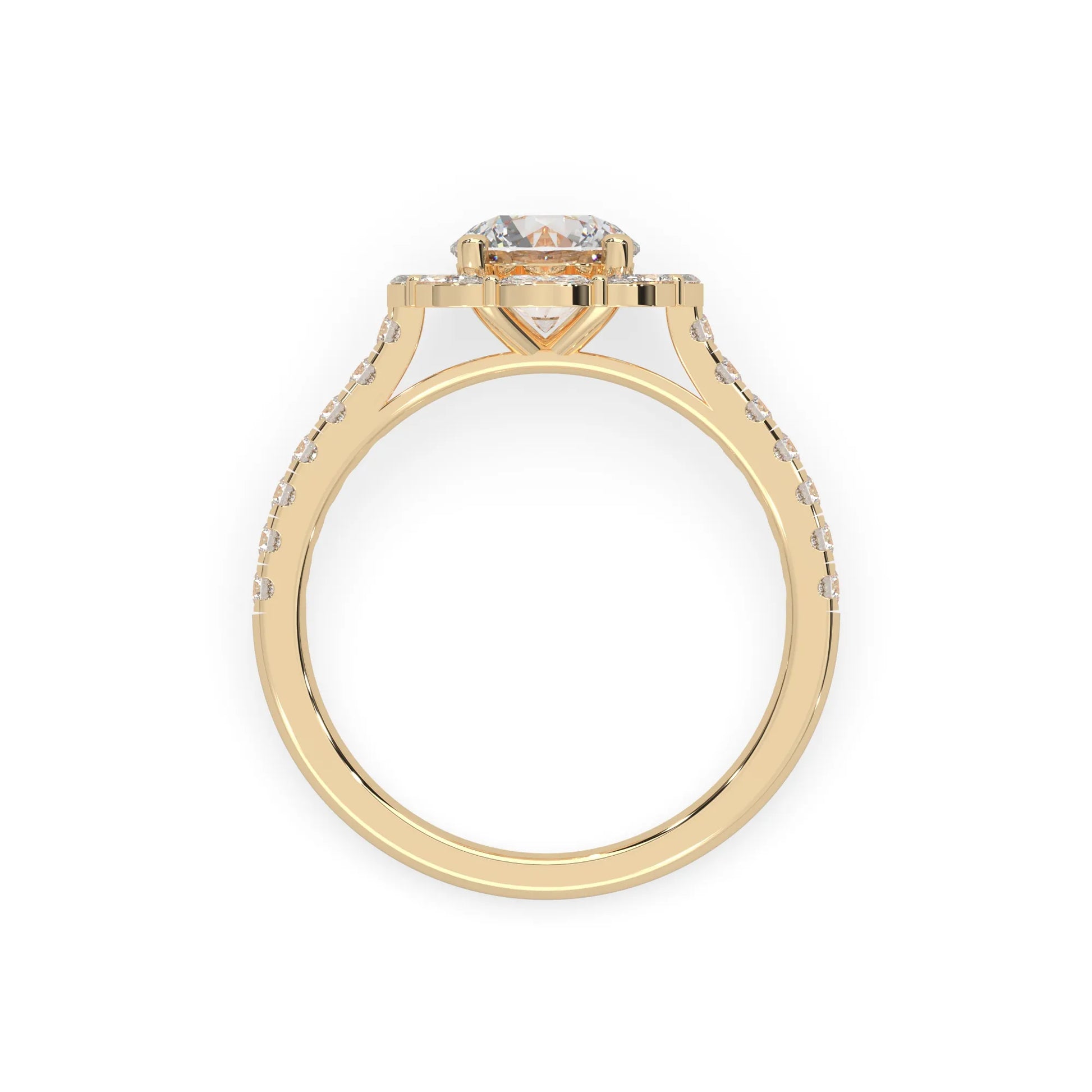 Round lab grown diamond floral halo engagement ring with 6.50 mm center diamond and marquise and round cut side diamonds in yellow gold