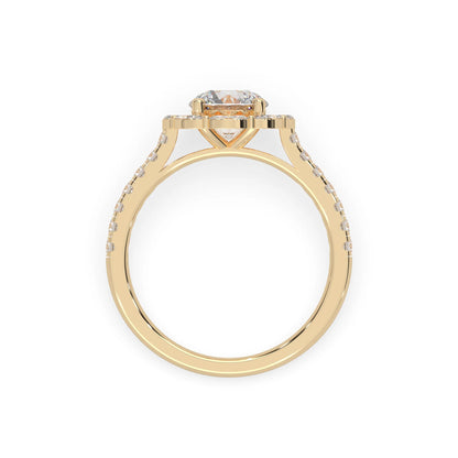 Round lab grown diamond floral halo engagement ring with 6.50 mm center diamond and marquise and round cut side diamonds in yellow gold