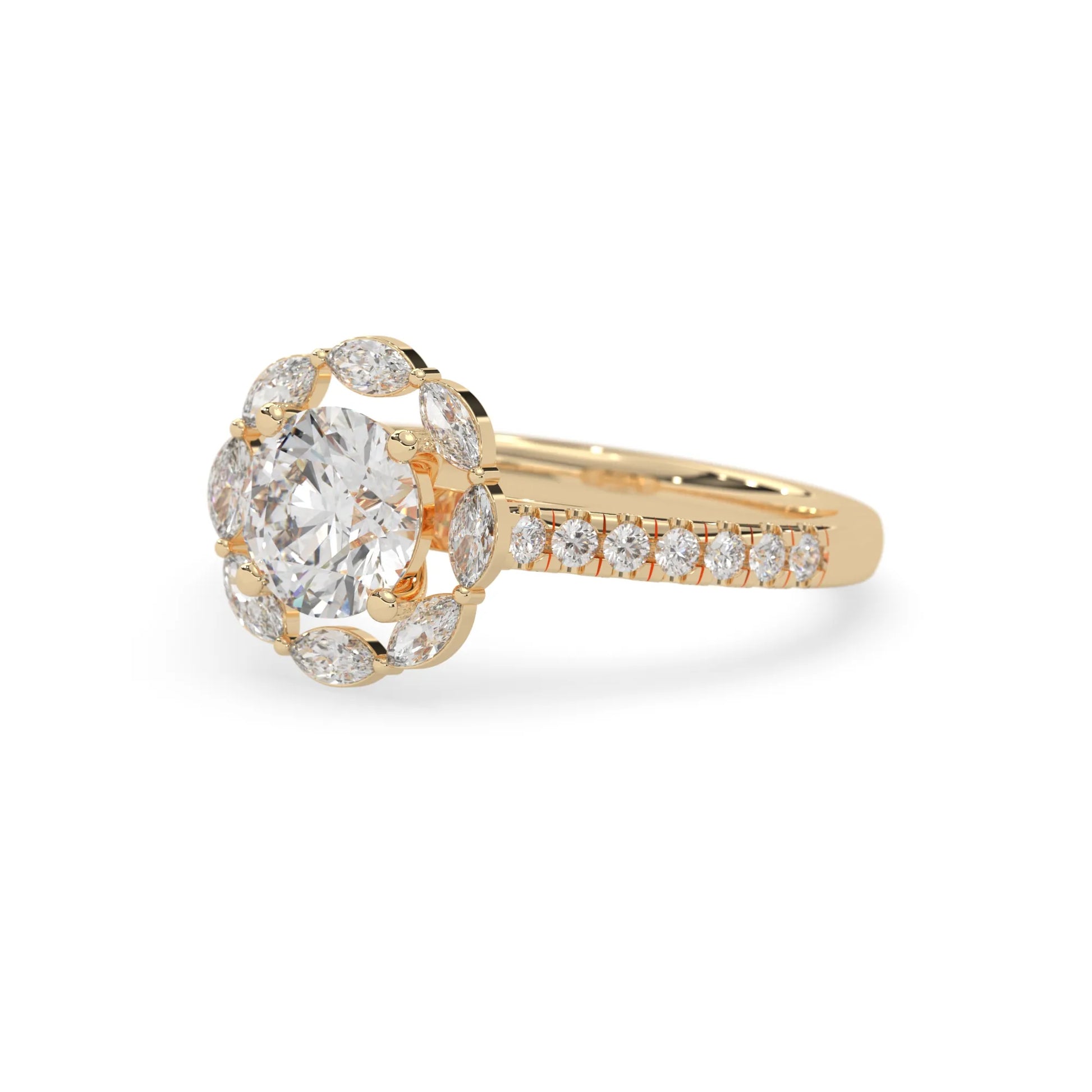 Round lab grown diamond floral halo engagement ring with 6.50 mm center diamond and marquise and round cut side diamonds in yellow gold