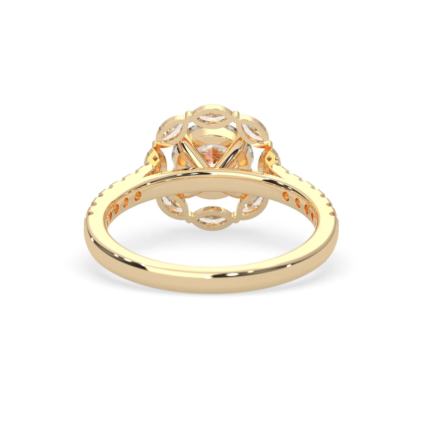Round lab grown diamond floral halo engagement ring with 6.50 mm center diamond and marquise and round cut side diamonds in yellow gold