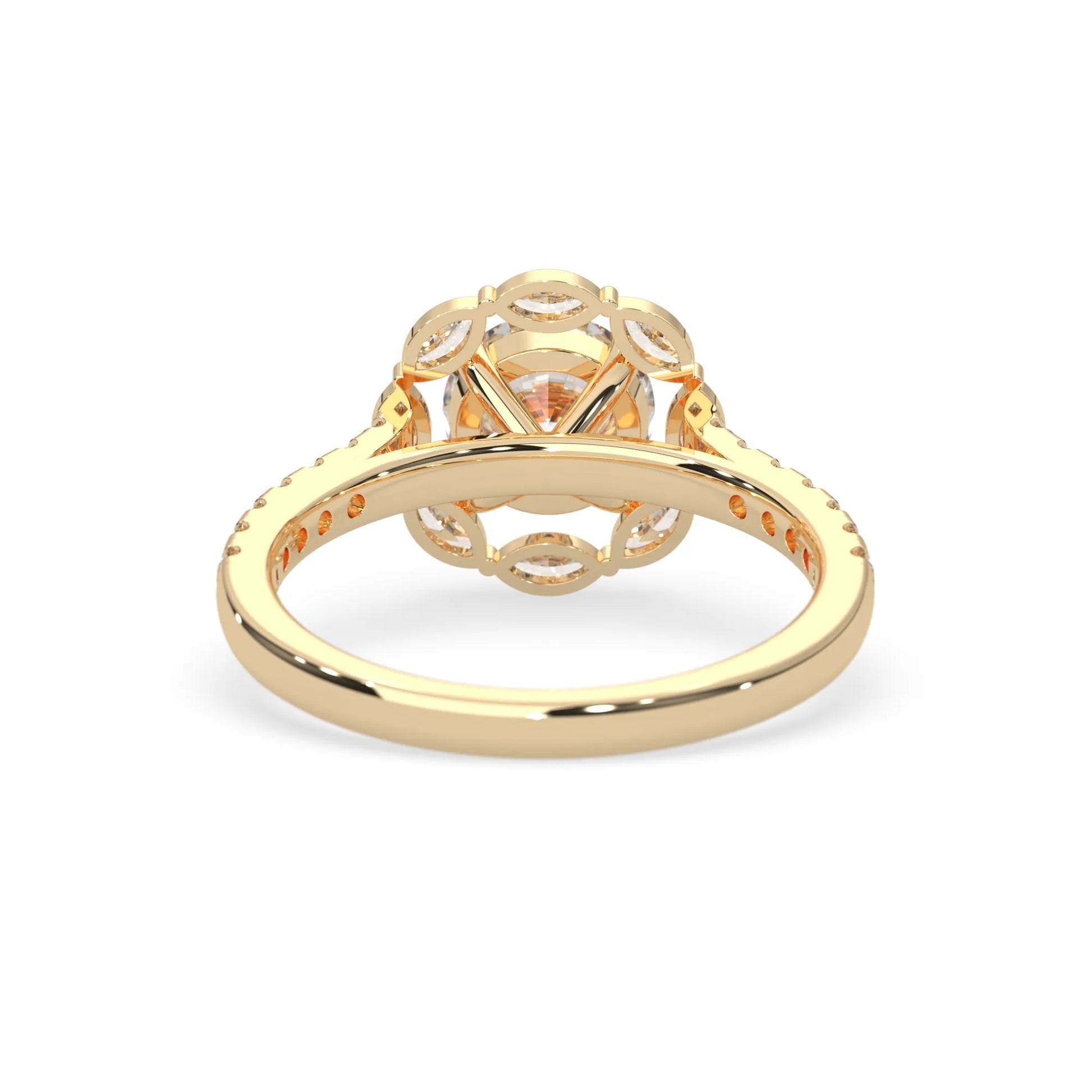 Round lab grown diamond floral halo engagement ring with 6.50 mm center diamond and marquise and round cut side diamonds in yellow gold