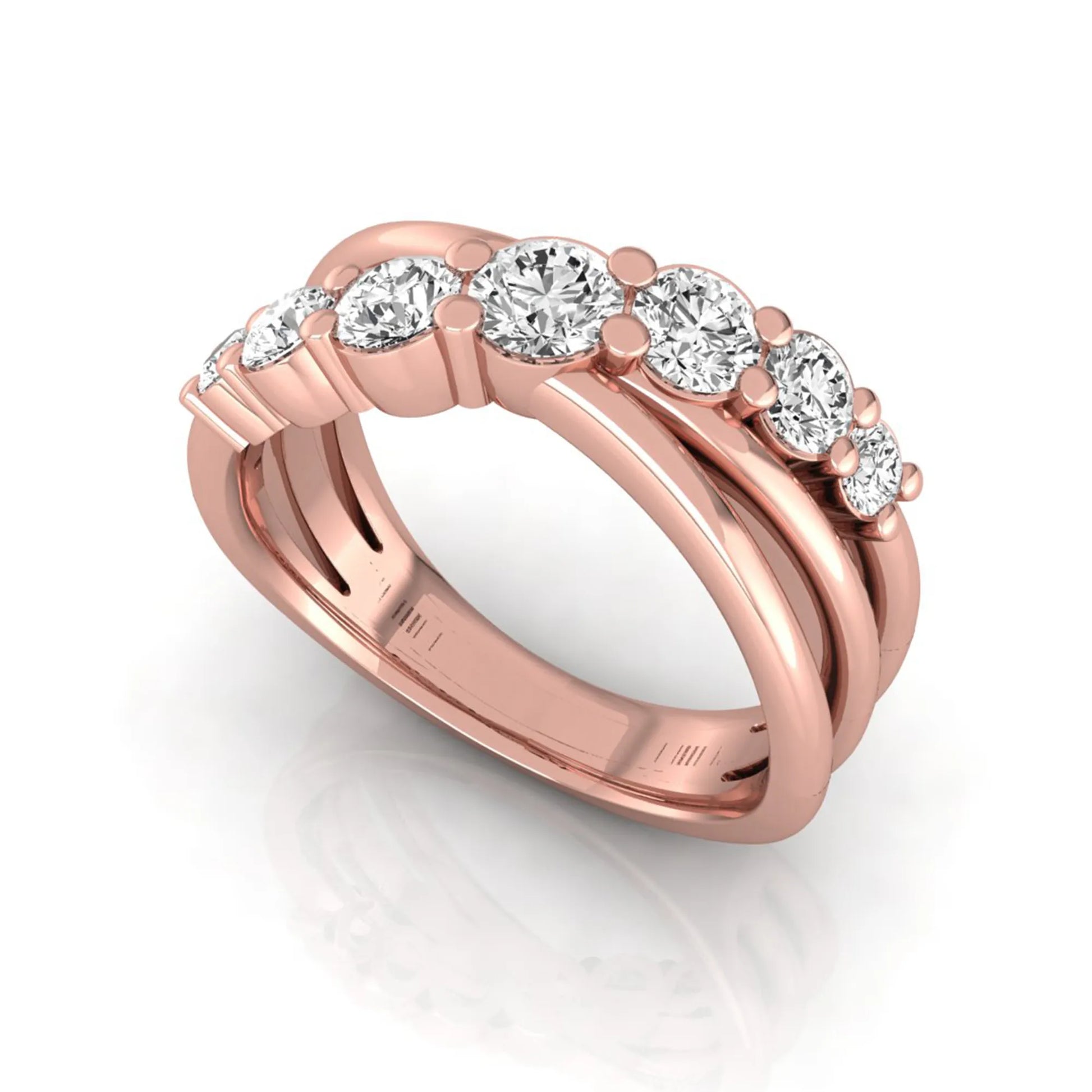Round lab grown diamond graduated band ring featuring 1.00 carat total weight of brilliant round diamonds in rose gold.