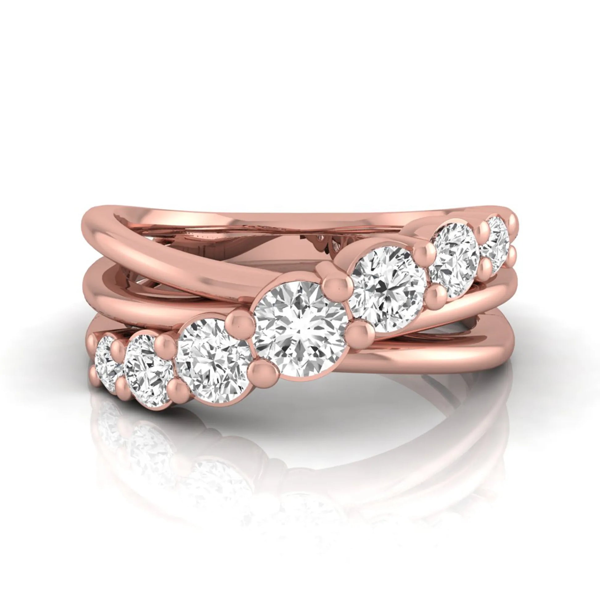 Round lab grown diamond graduated band ring featuring 1.00 carat total weight of brilliant round diamonds in rose gold.