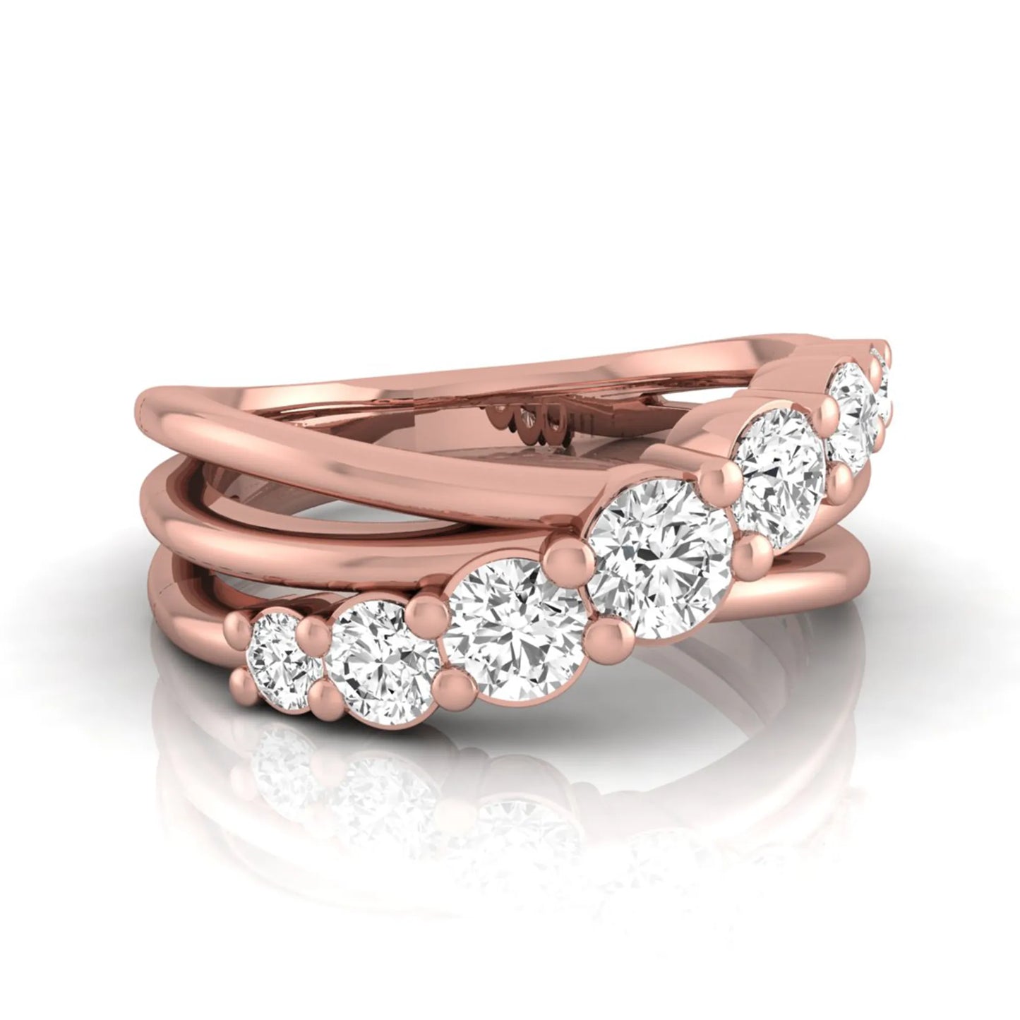 Round lab grown diamond graduated band ring featuring 1.00 carat total weight of brilliant round diamonds in rose gold.