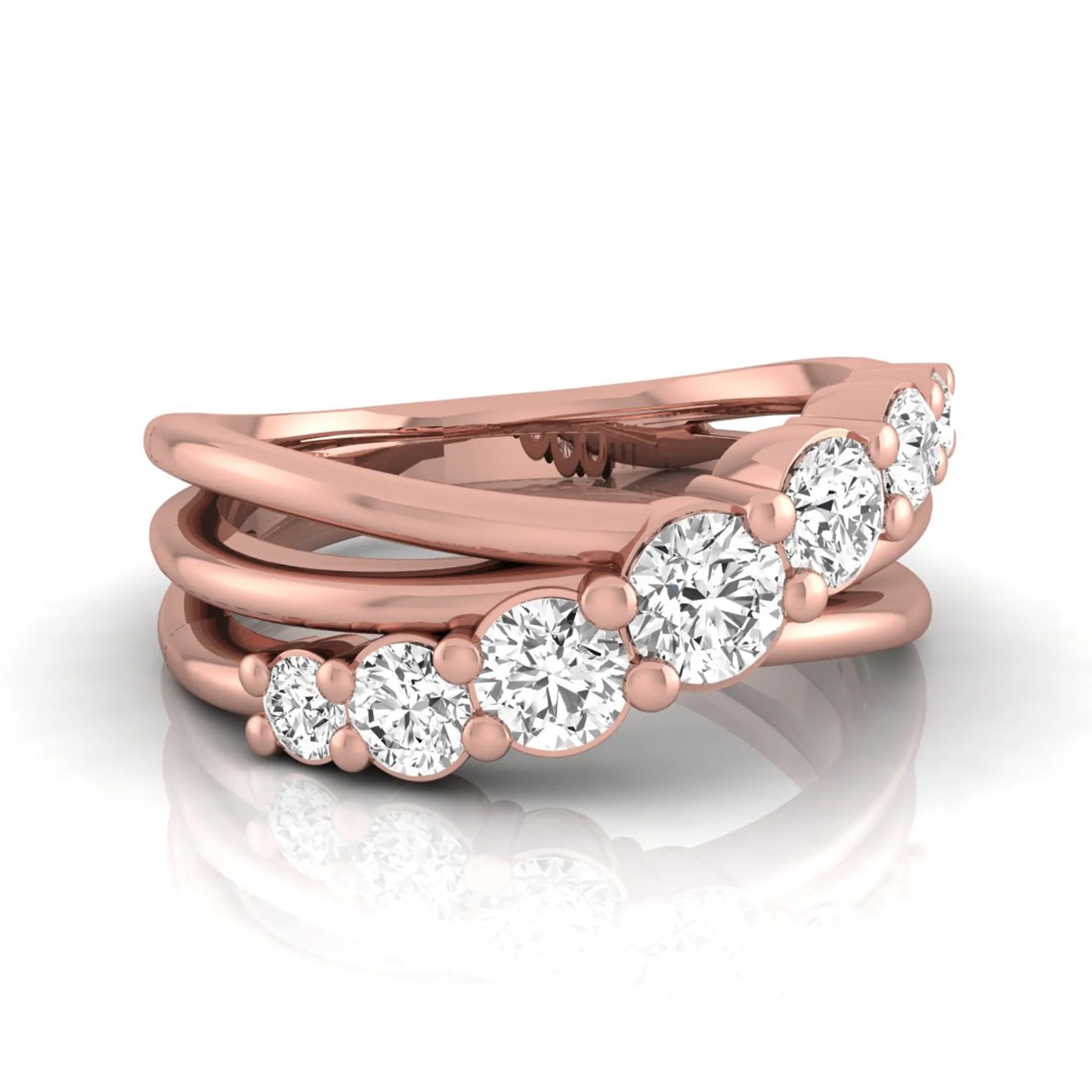 Round lab grown diamond graduated band ring featuring 1.00 carat total weight of brilliant round diamonds in rose gold.