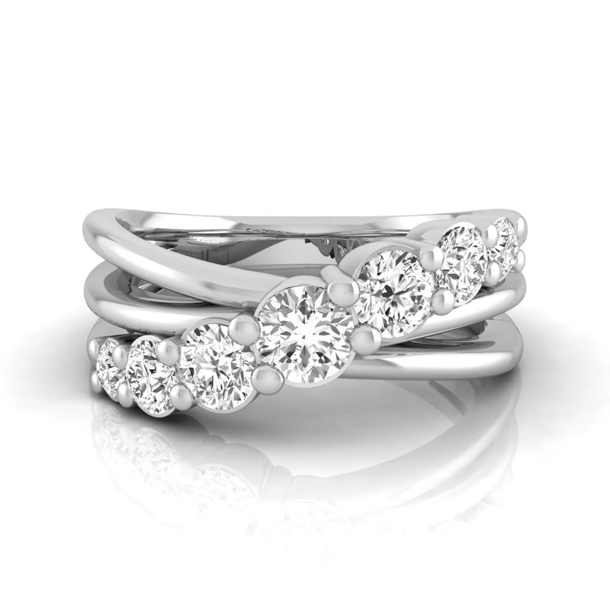 Round lab grown diamond graduated band ring featuring 1.00 carat total weight of brilliant round diamonds in white gold.