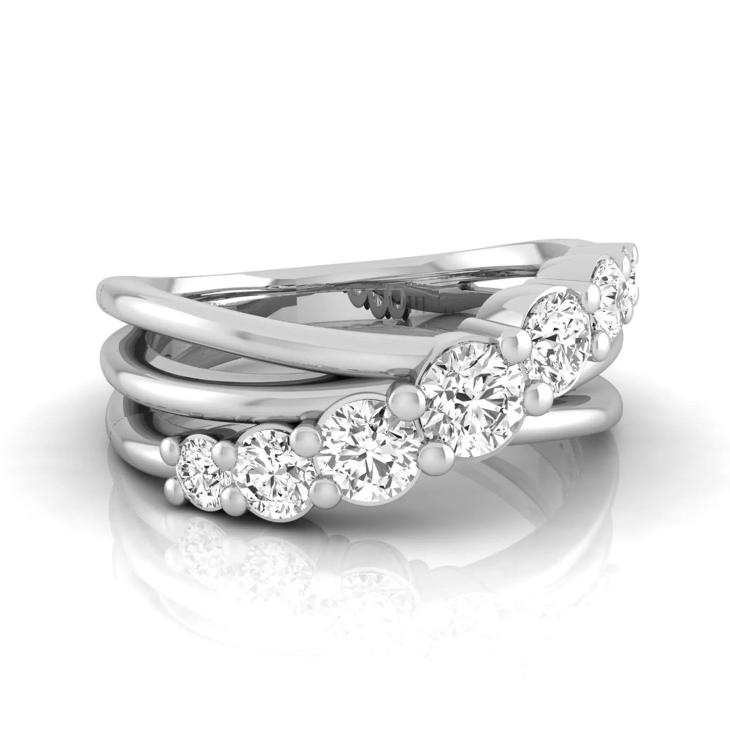 Round lab grown diamond graduated band ring featuring 1.00 carat total weight of brilliant round diamonds in white gold.