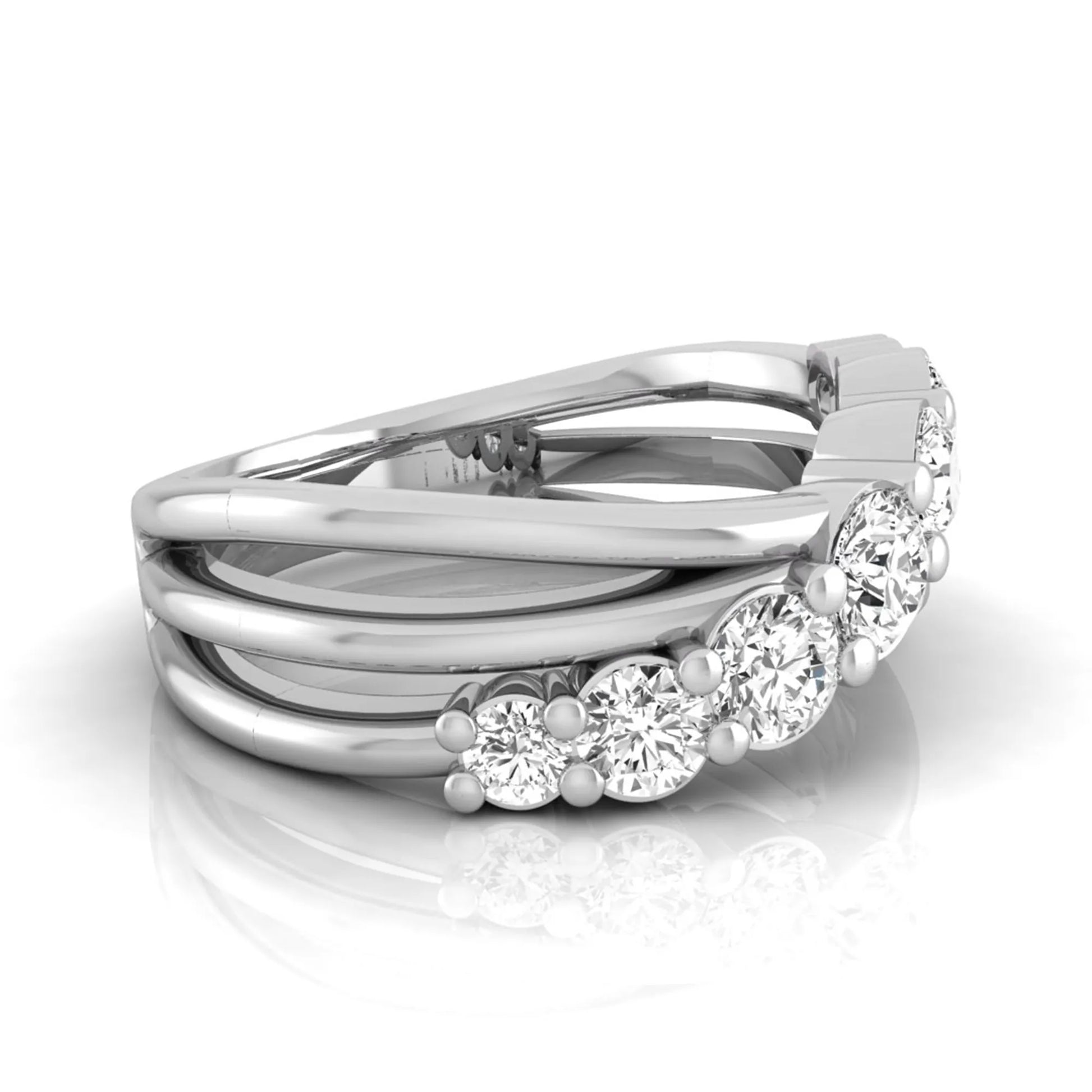 Round lab grown diamond graduated band ring featuring 1.00 carat total weight of brilliant round diamonds in white gold.