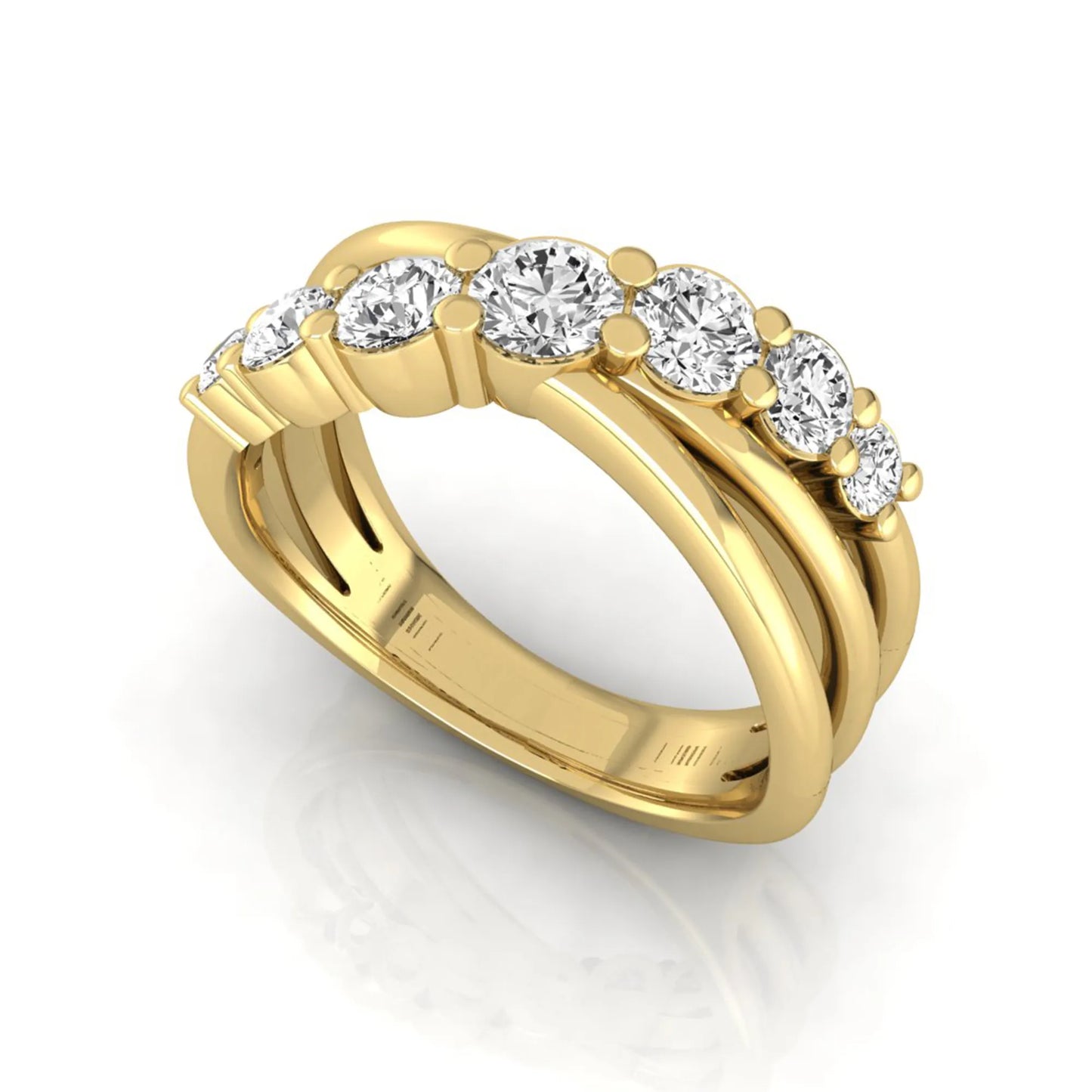 Round lab grown diamond graduated band ring featuring 1.00 carat total weight of brilliant round diamonds in yellow gold.
