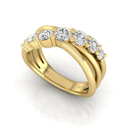 Round lab grown diamond graduated band ring featuring 1.00 carat total weight of brilliant round diamonds in yellow gold.