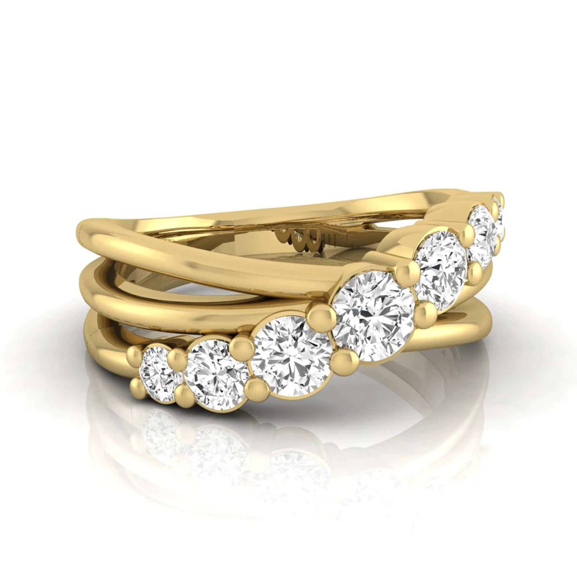 Round lab grown diamond graduated band ring featuring 1.00 carat total weight of brilliant round diamonds in yellow gold.