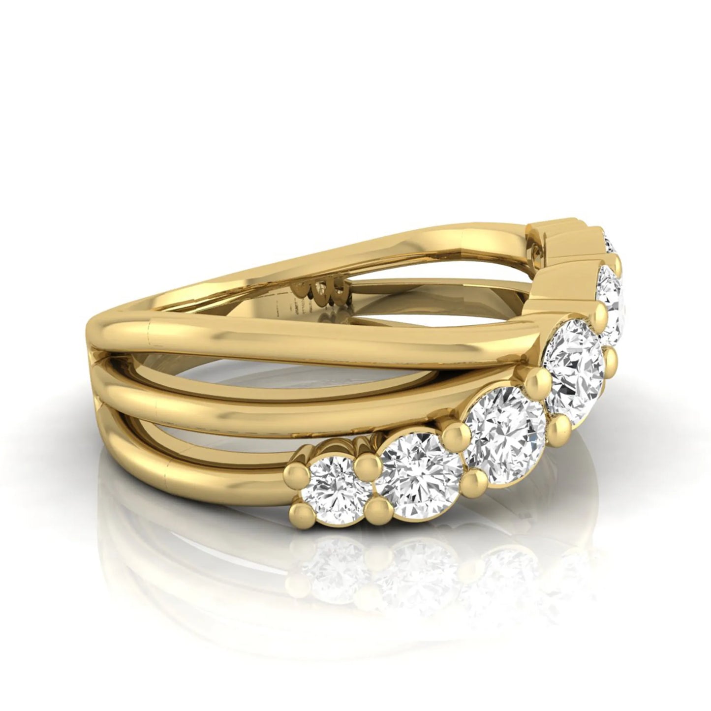 Round lab grown diamond graduated band ring featuring 1.00 carat total weight of brilliant round diamonds in yellow gold.
