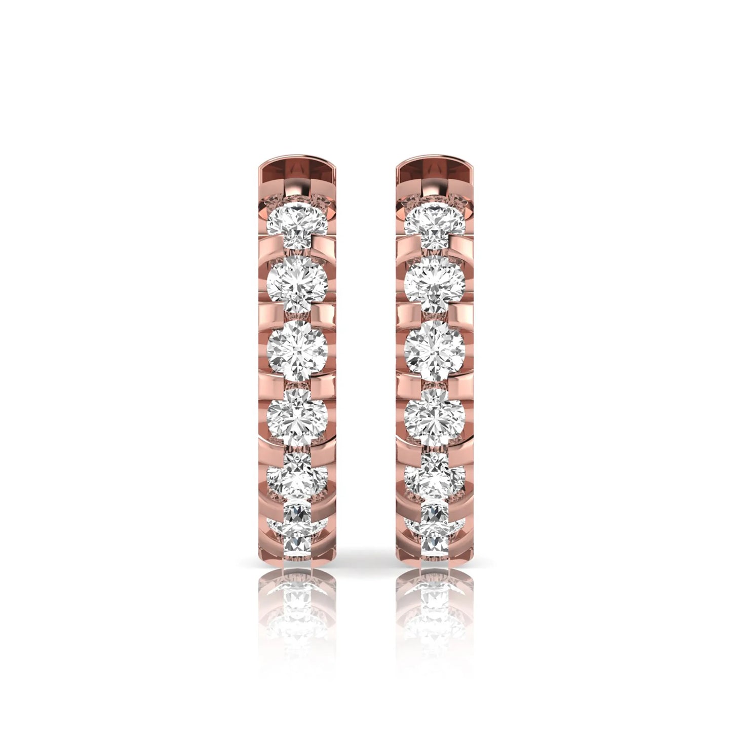 Round lab grown diamond half eternity huggie hoop earrings featuring a continuous row of round brilliant diamonds in a shared prong setting in rose gold