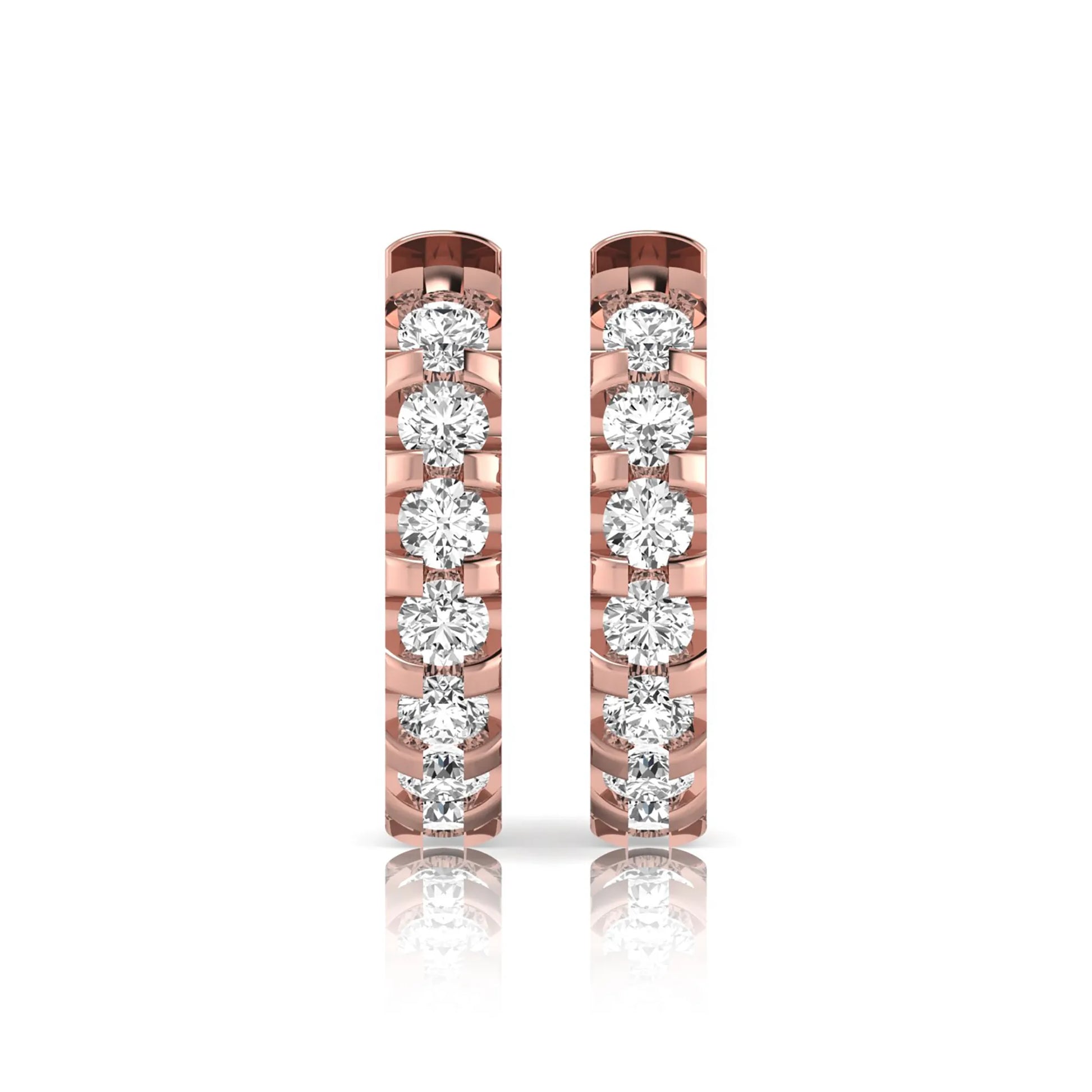 Round lab grown diamond half eternity huggie hoop earrings featuring a continuous row of round brilliant diamonds in a shared prong setting in rose gold