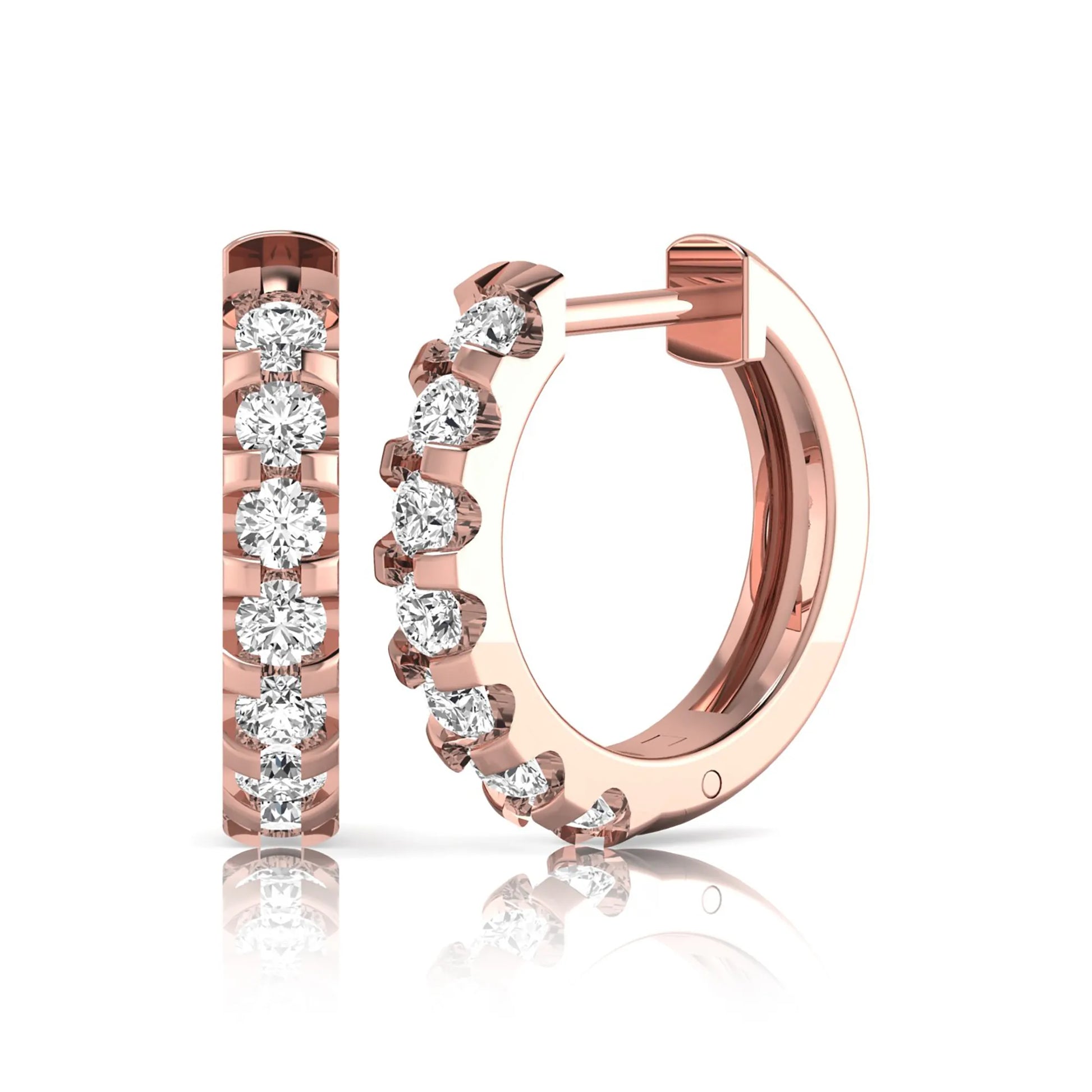 Round lab grown diamond half eternity huggie hoop earrings featuring a continuous row of round brilliant diamonds in a shared prong setting in rose gold