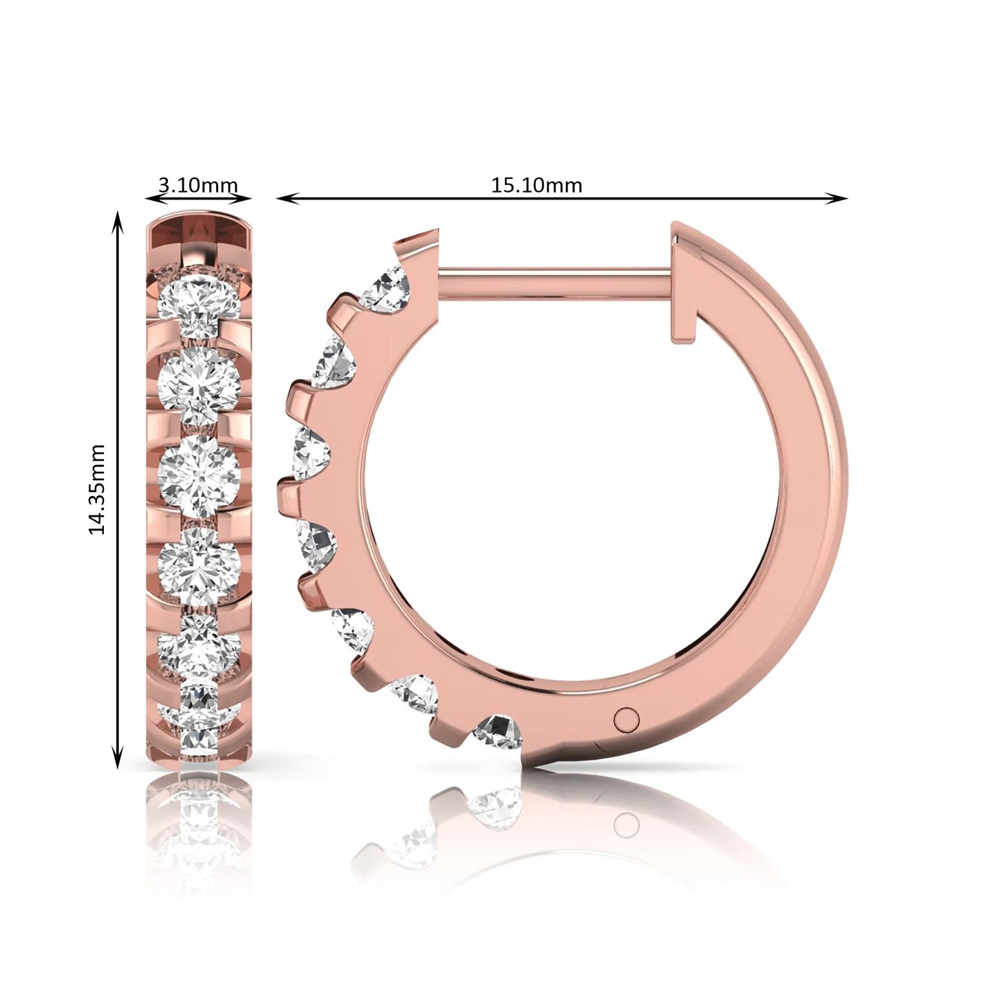 Round lab grown diamond half eternity huggie hoop earrings featuring a continuous row of round brilliant diamonds in a shared prong setting in rose gold