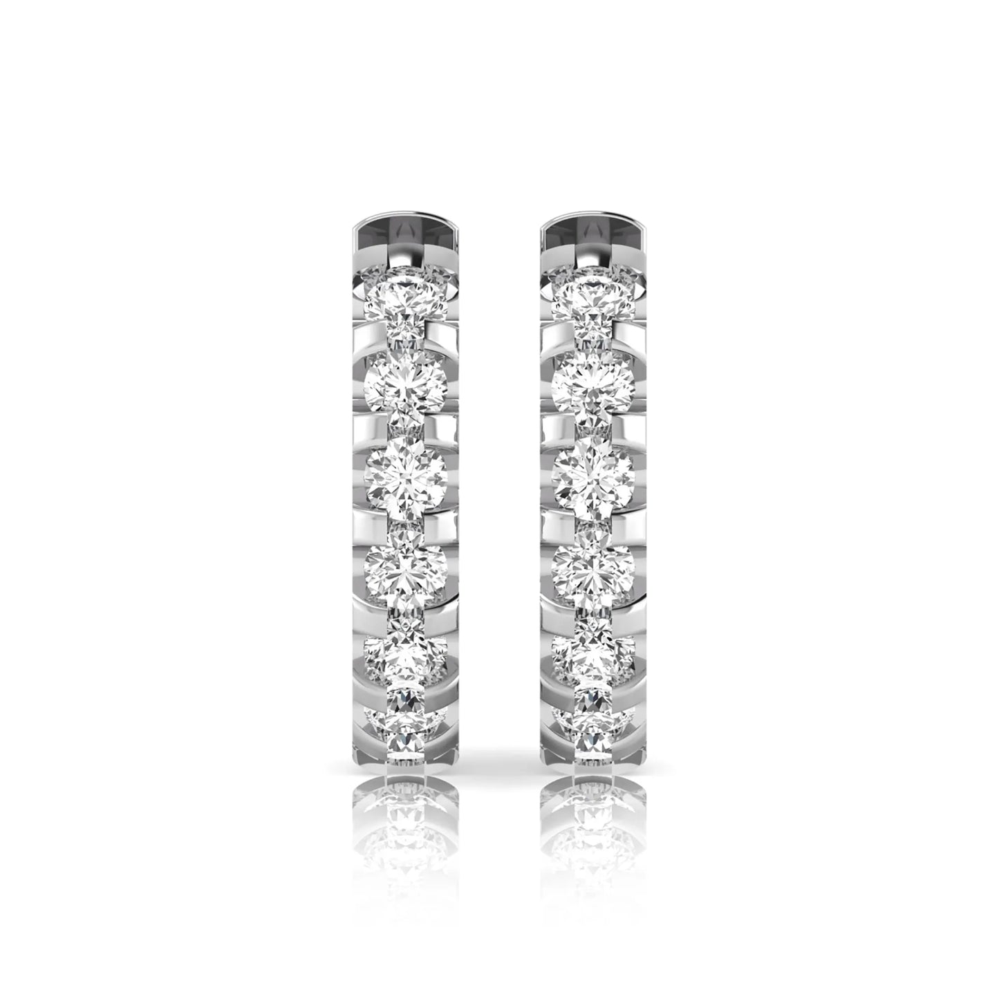 Round lab grown diamond half eternity huggie hoop earrings featuring a continuous row of round brilliant diamonds in a shared prong setting in white gold