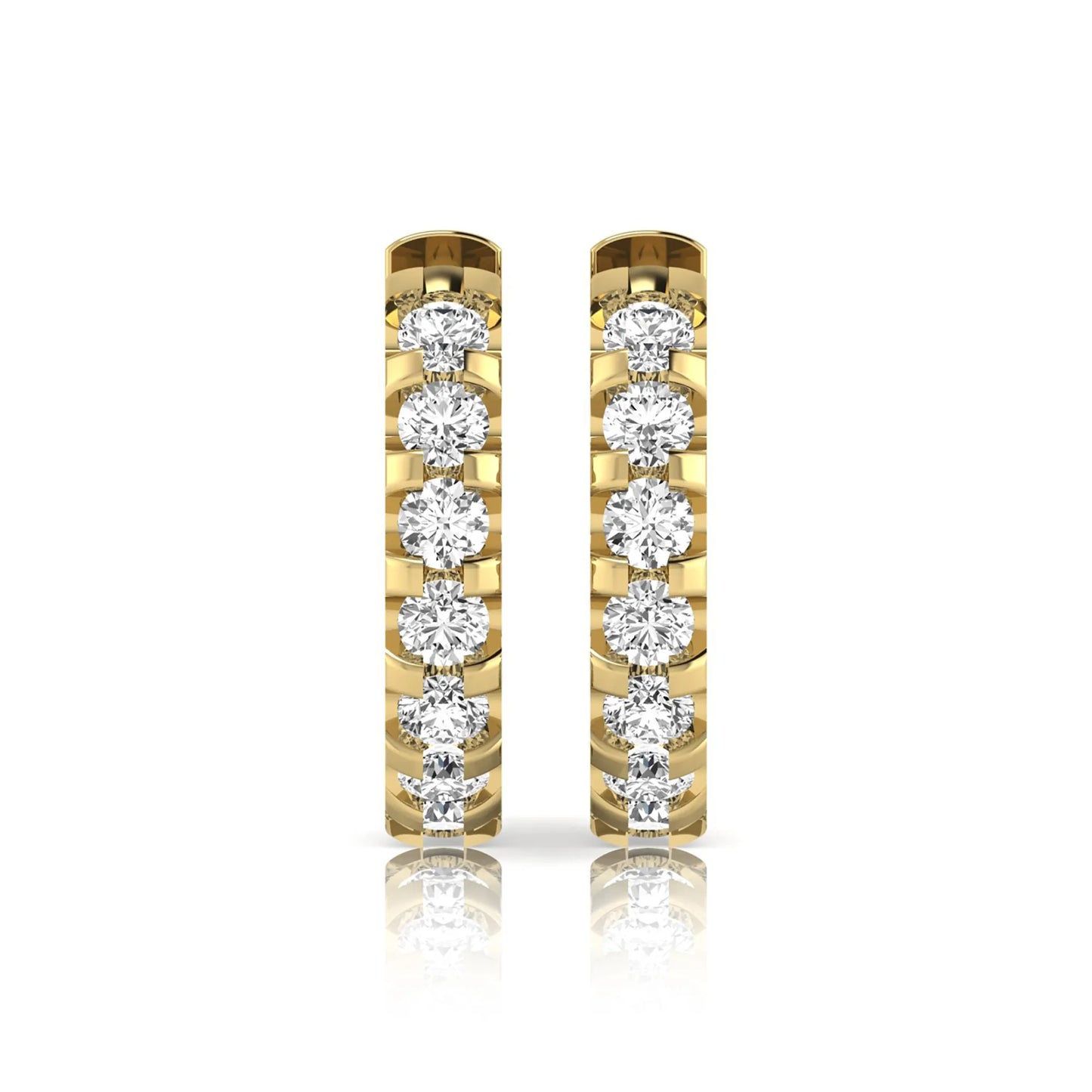 Round lab grown diamond half eternity huggie hoop earrings featuring a continuous row of round brilliant diamonds in a shared prong setting in yellow gold