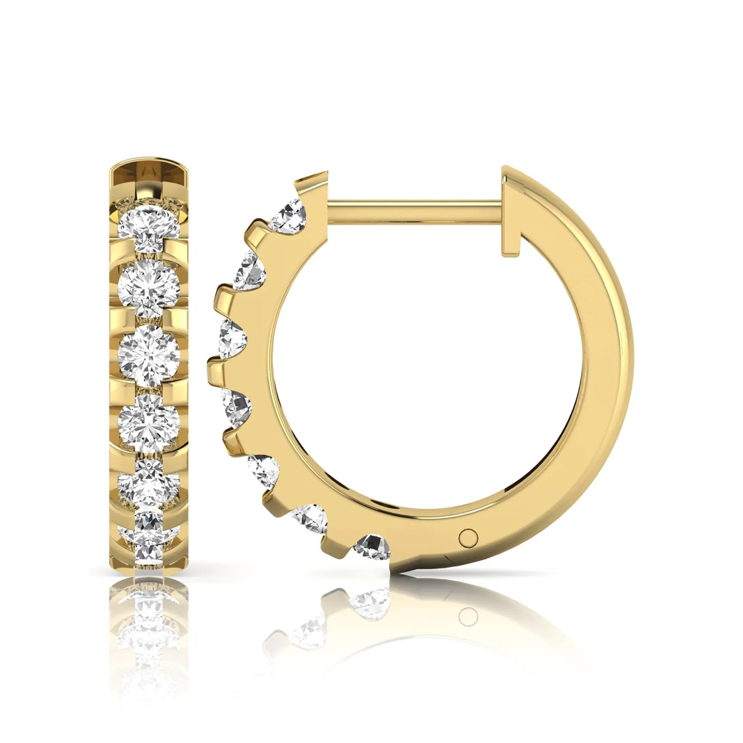 Round lab grown diamond half eternity huggie hoop earrings featuring a continuous row of round brilliant diamonds in a shared prong setting in yellow gold
