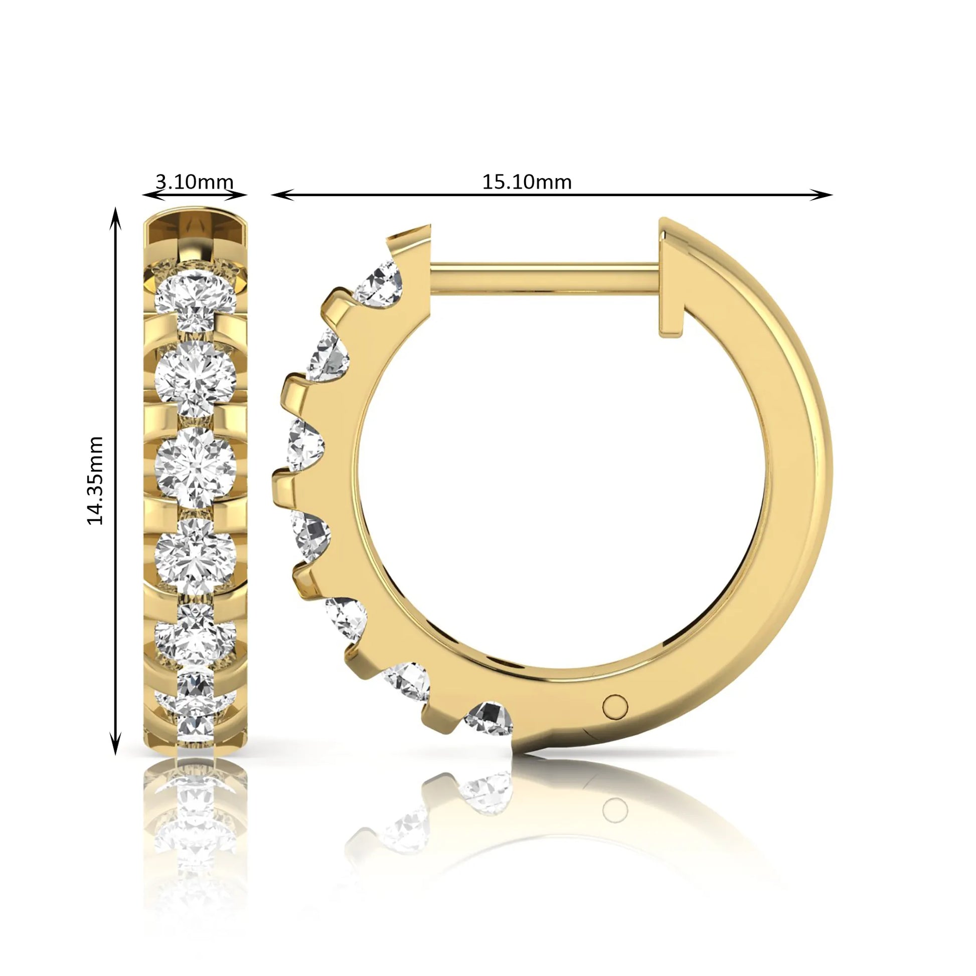 Round lab grown diamond half eternity huggie hoop earrings featuring a continuous row of round brilliant diamonds in a shared prong setting in yellow gold
