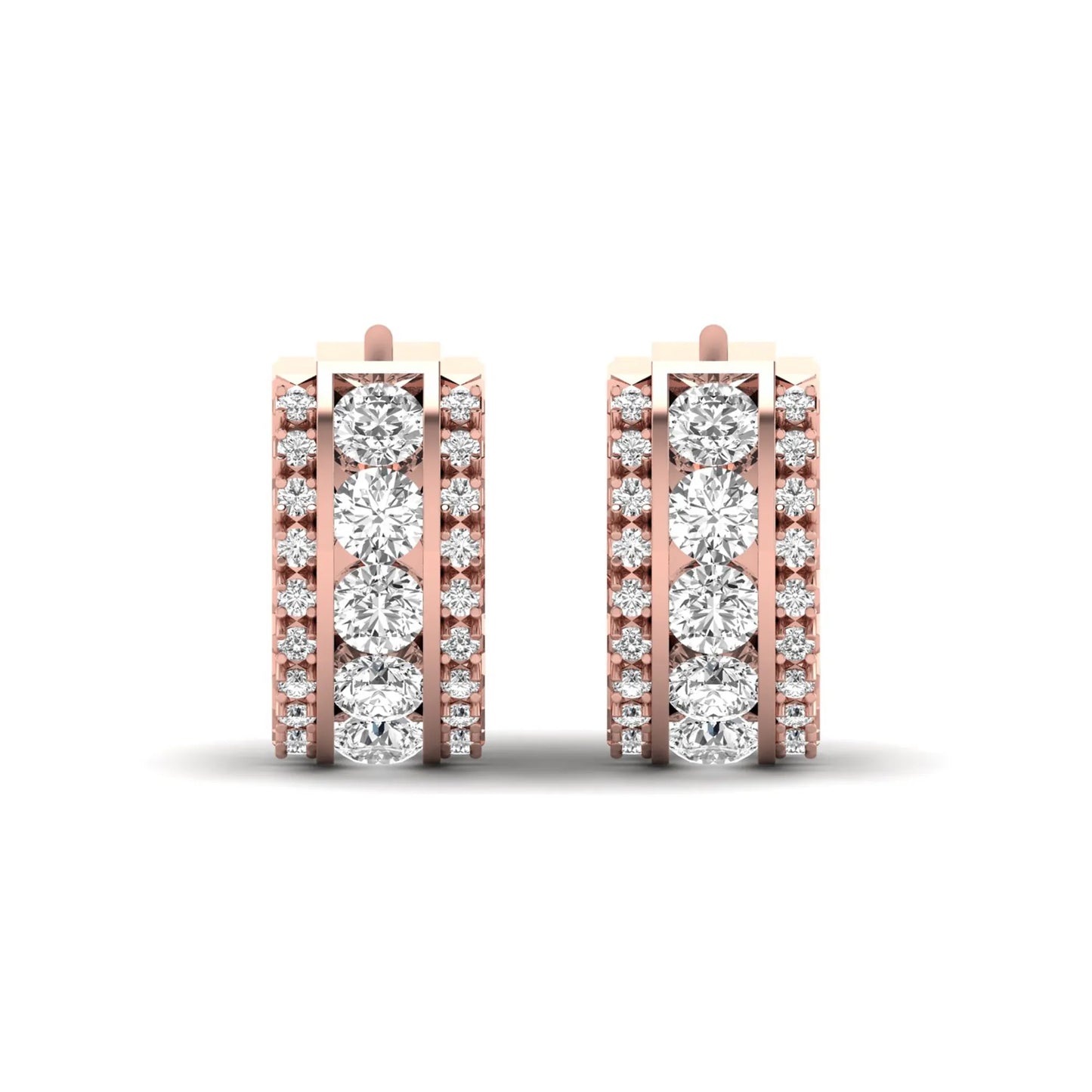 Round cut lab grown diamond multi-row huggie hoop earrings featuring a center row of diamonds with side accent diamonds and a hinged snap closure in a rose gold tone.