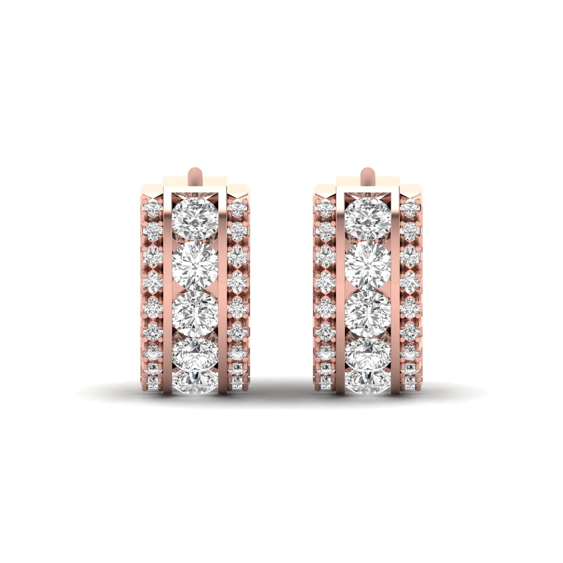 Round cut lab grown diamond multi-row huggie hoop earrings featuring a center row of diamonds with side accent diamonds and a hinged snap closure in a rose gold tone.