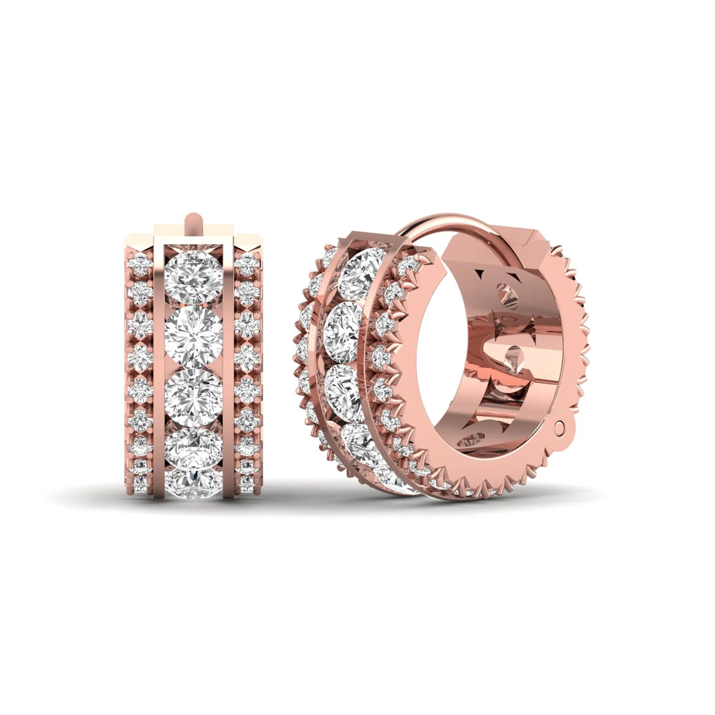 Round cut lab grown diamond multi-row huggie hoop earrings featuring a center row of diamonds with side accent diamonds and a hinged snap closure in a rose gold tone.