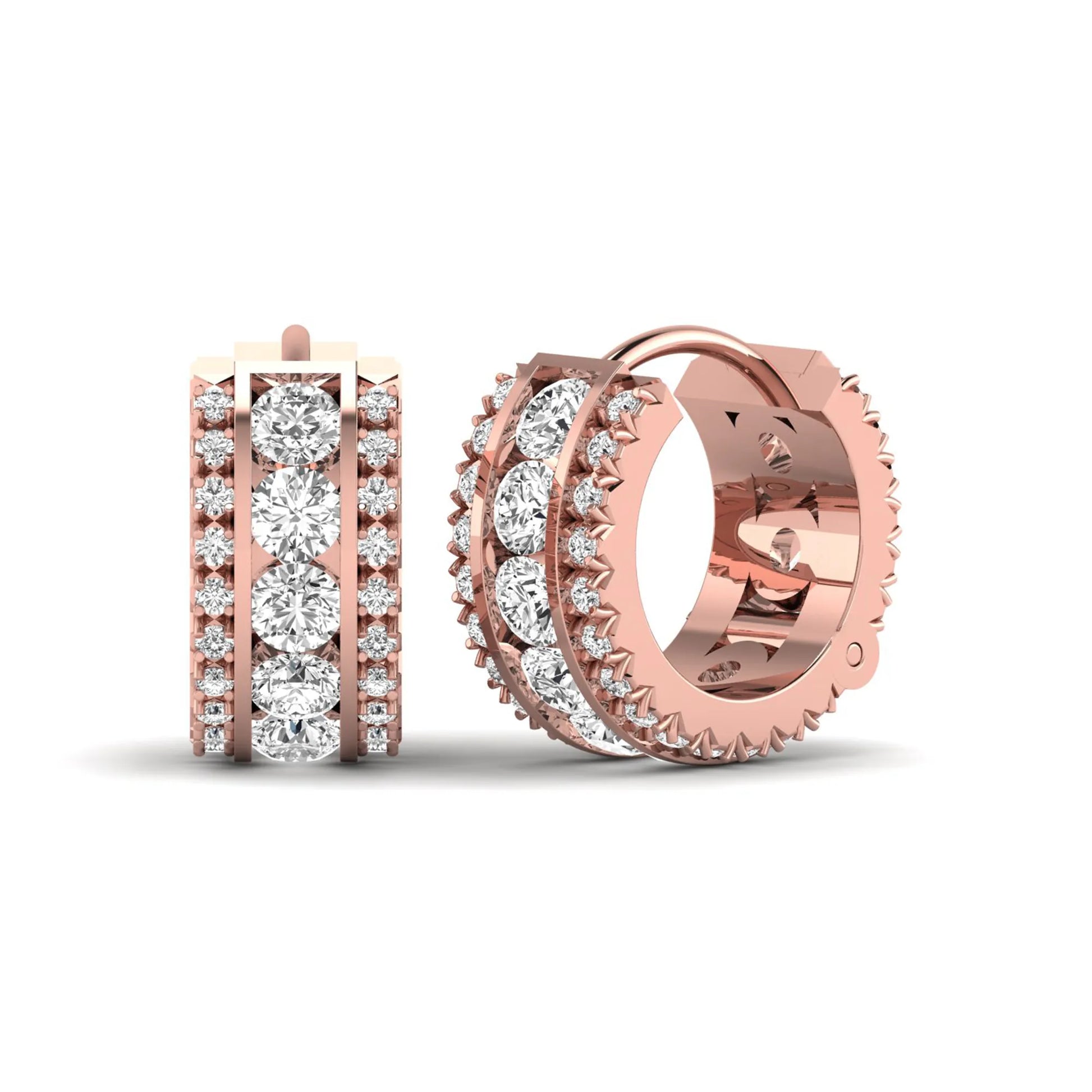 Round cut lab grown diamond multi-row huggie hoop earrings featuring a center row of diamonds with side accent diamonds and a hinged snap closure in a rose gold tone.
