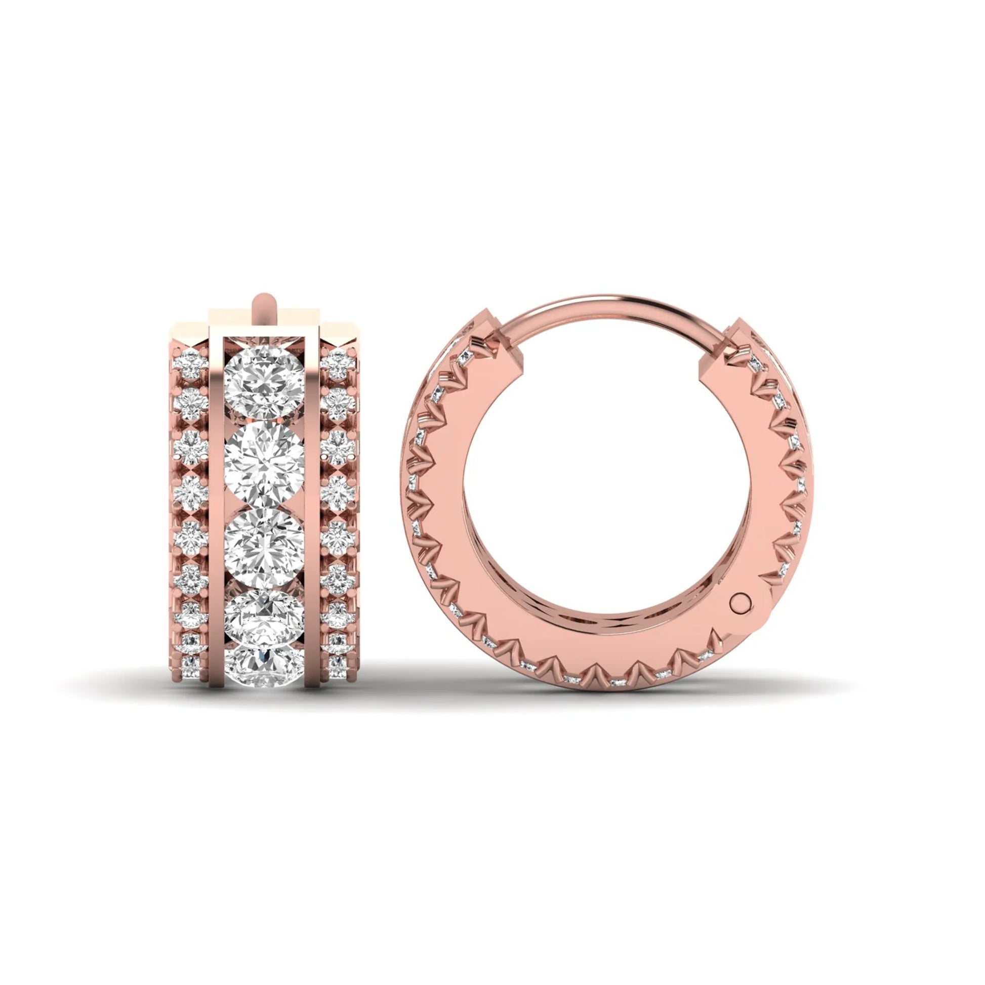 Round cut lab grown diamond multi-row huggie hoop earrings featuring a center row of diamonds with side accent diamonds and a hinged snap closure in a rose gold tone.