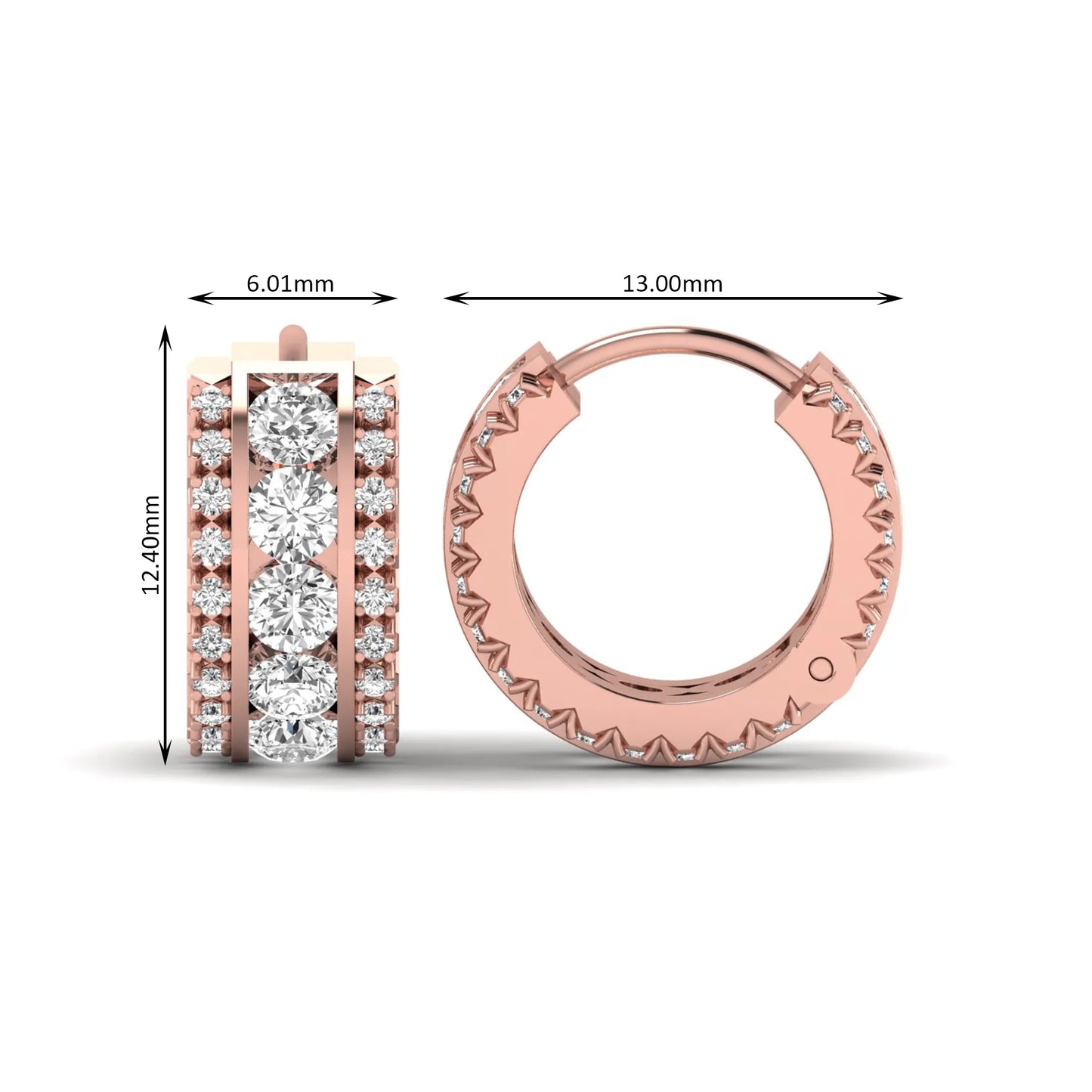 Round cut lab grown diamond multi-row huggie hoop earrings featuring a center row of diamonds with side accent diamonds and a hinged snap closure in a rose gold tone.