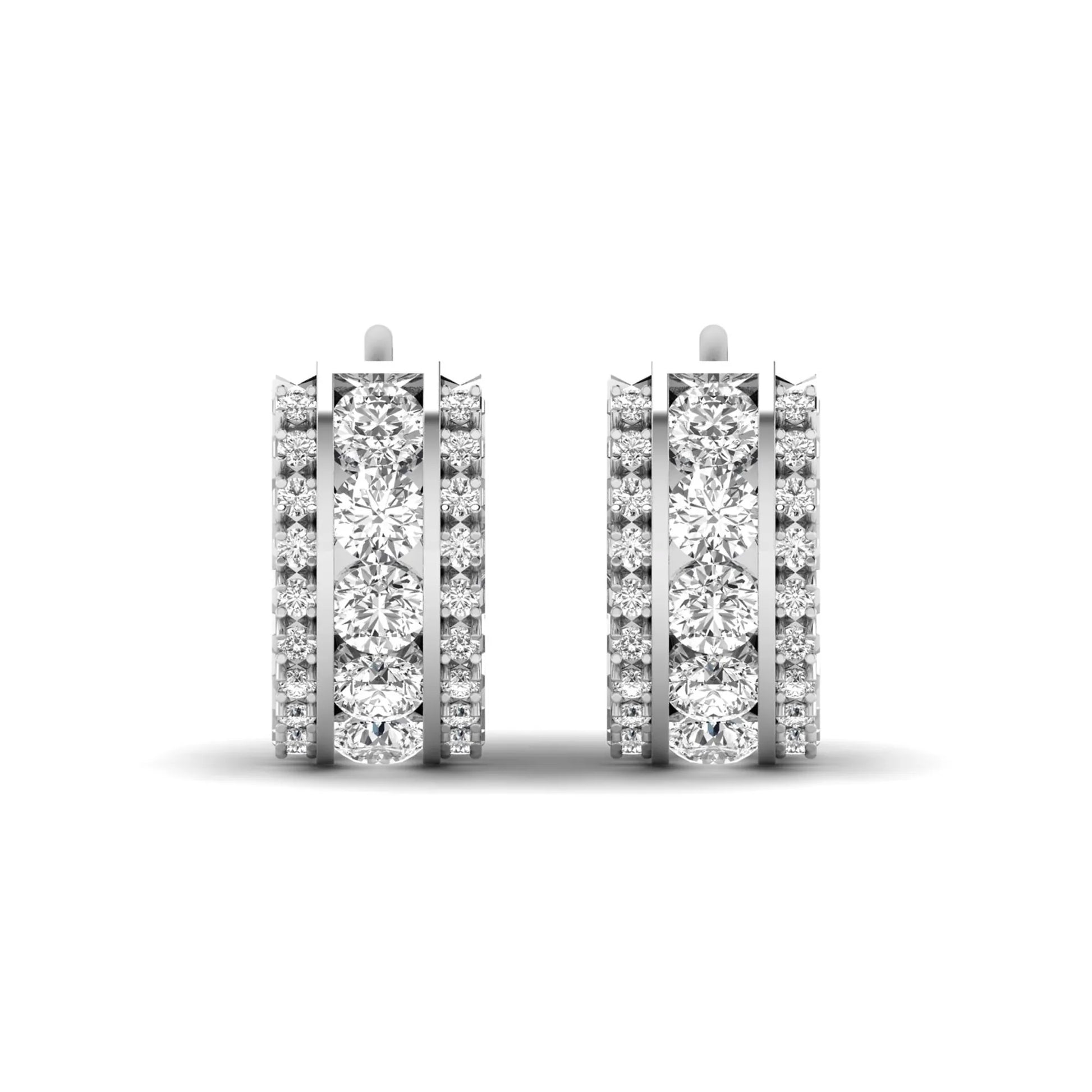 Round cut lab grown diamond multi-row huggie hoop earrings featuring a center row of diamonds with side accent diamonds and a hinged snap closure in a white gold tone.