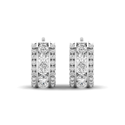 Round cut lab grown diamond multi-row huggie hoop earrings featuring a center row of diamonds with side accent diamonds and a hinged snap closure in a white gold tone.
