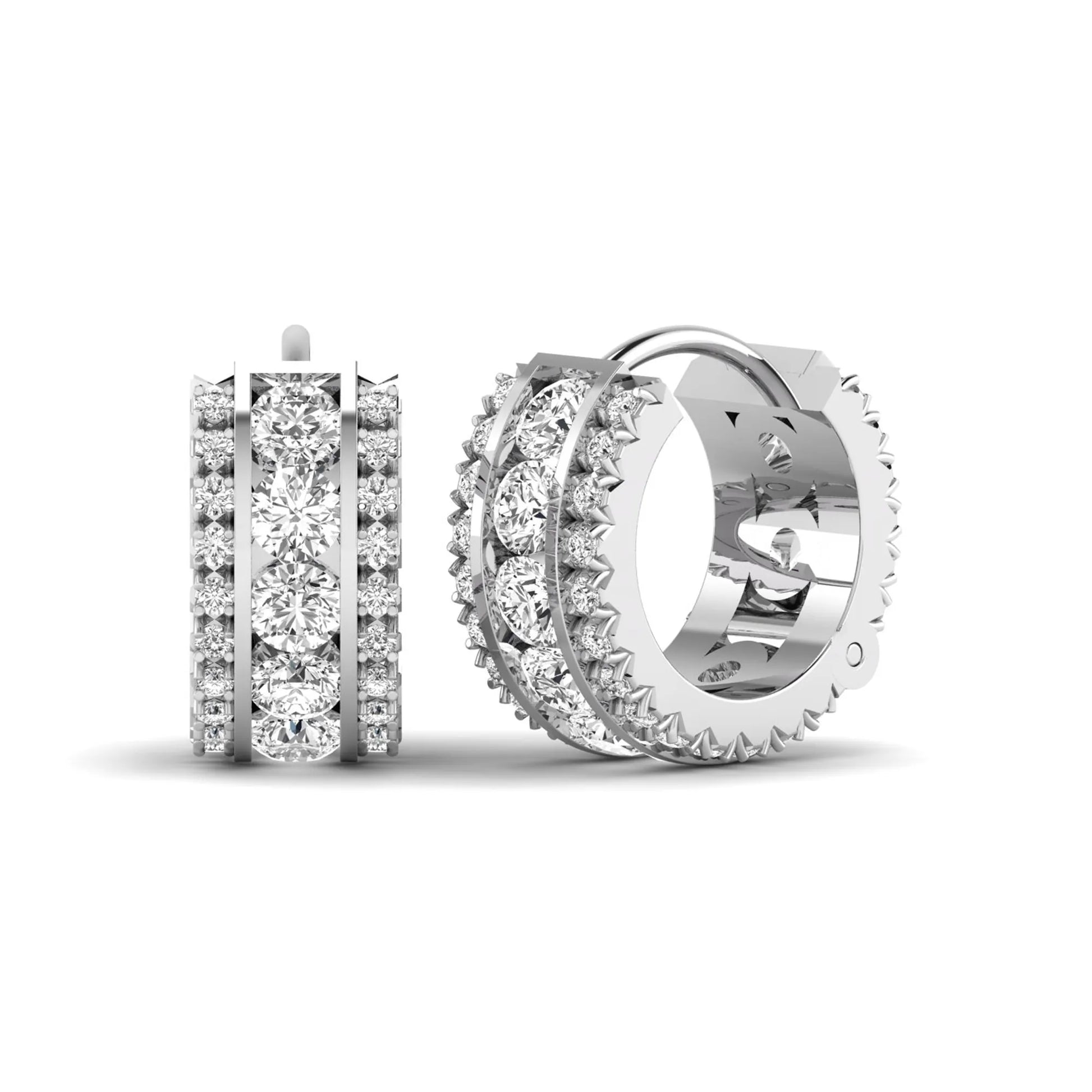 Round cut lab grown diamond multi-row huggie hoop earrings featuring a center row of diamonds with side accent diamonds and a hinged snap closure in a white gold tone.