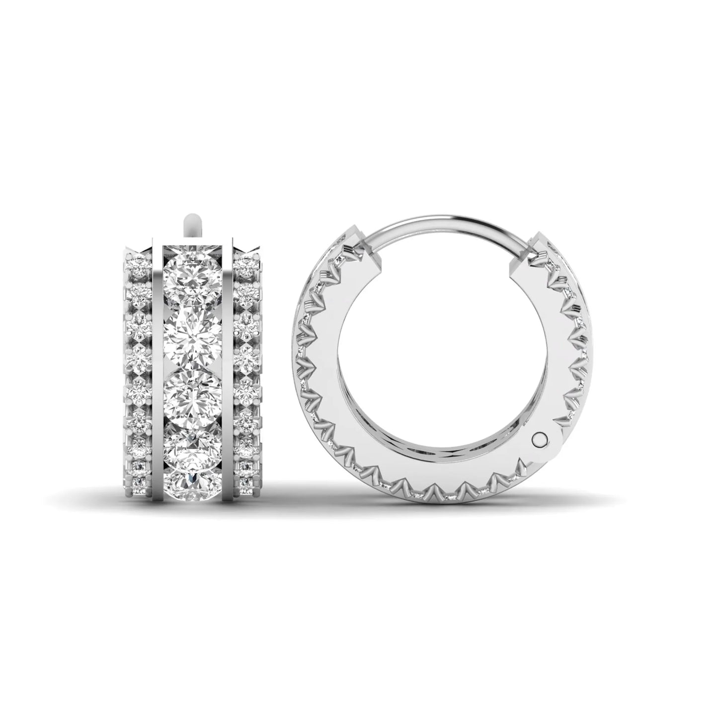 Round cut lab grown diamond multi-row huggie hoop earrings featuring a center row of diamonds with side accent diamonds and a hinged snap closure in a white gold tone.
