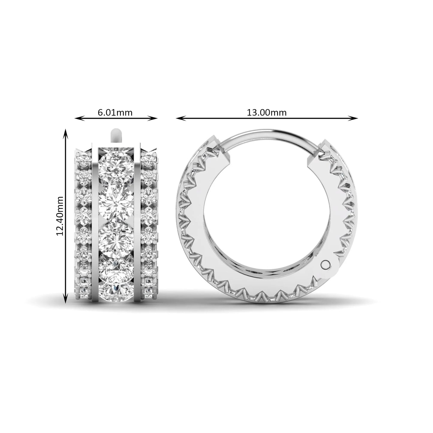 Round cut lab grown diamond multi-row huggie hoop earrings featuring a center row of diamonds with side accent diamonds and a hinged snap closure in a white gold tone.
